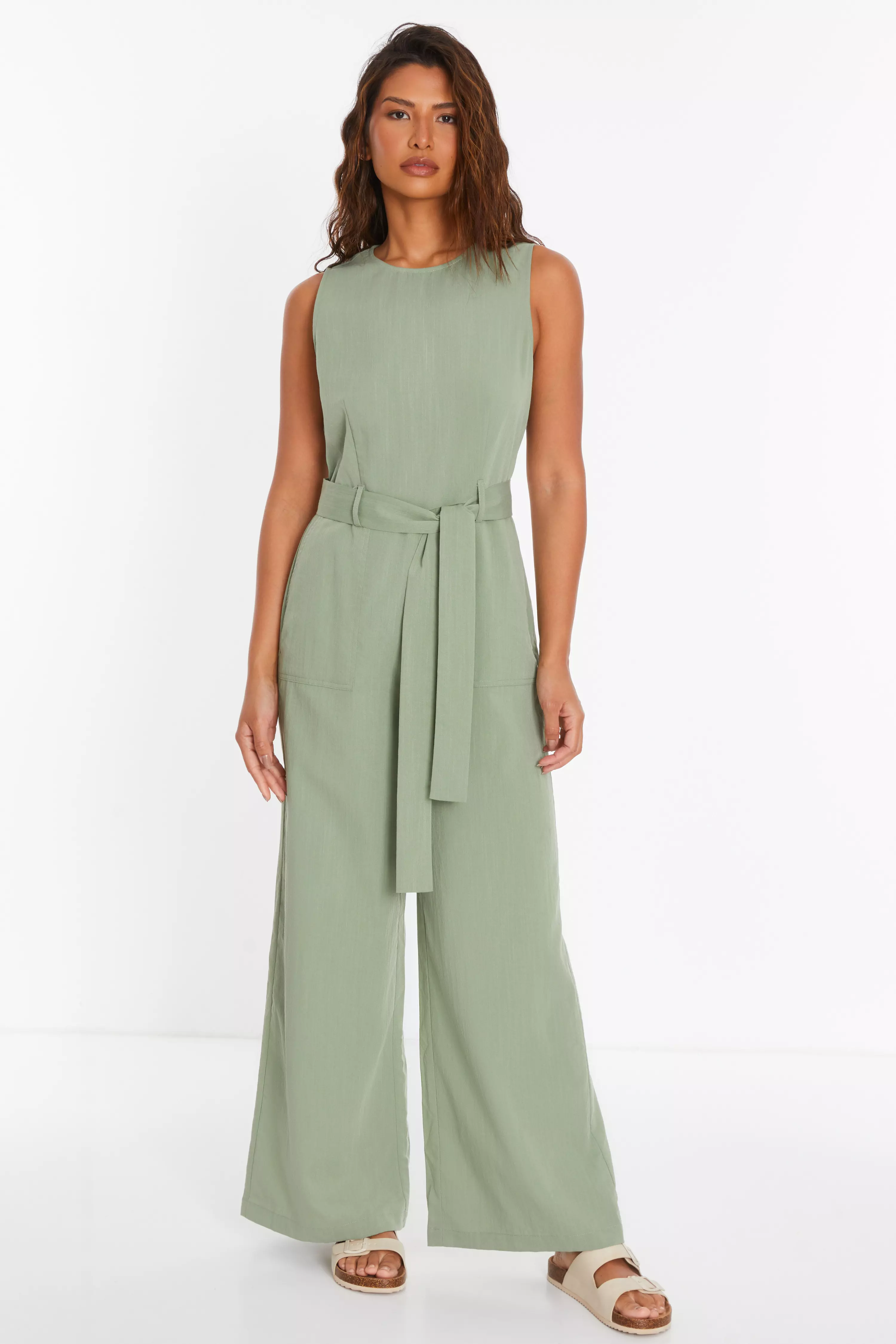 Khaki Linen Look Palazzo Jumpsuit