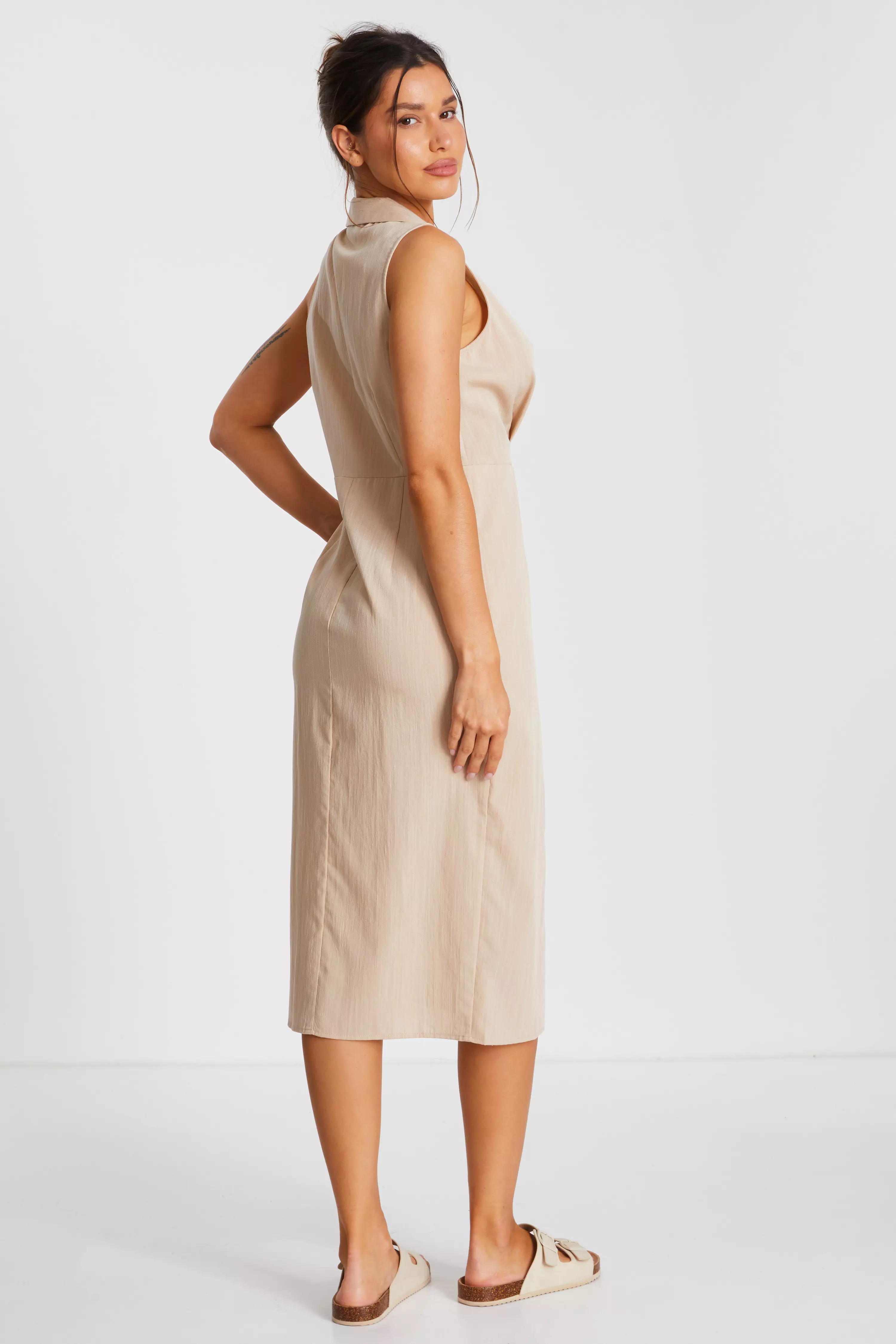 Stone Linen Look Midi Shirt Dress