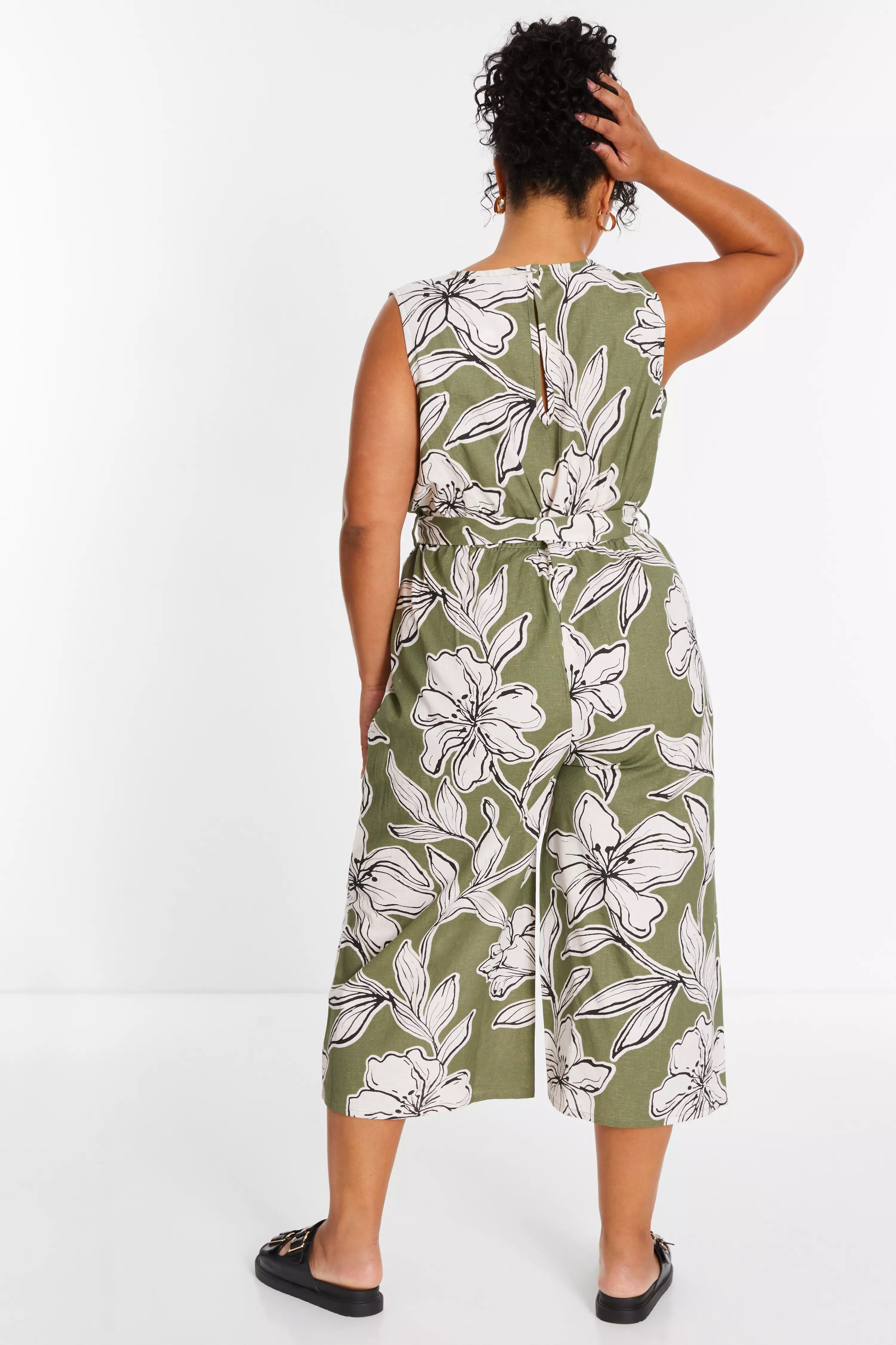 Curve Khaki Tropical Print Wrap Jumpsuit