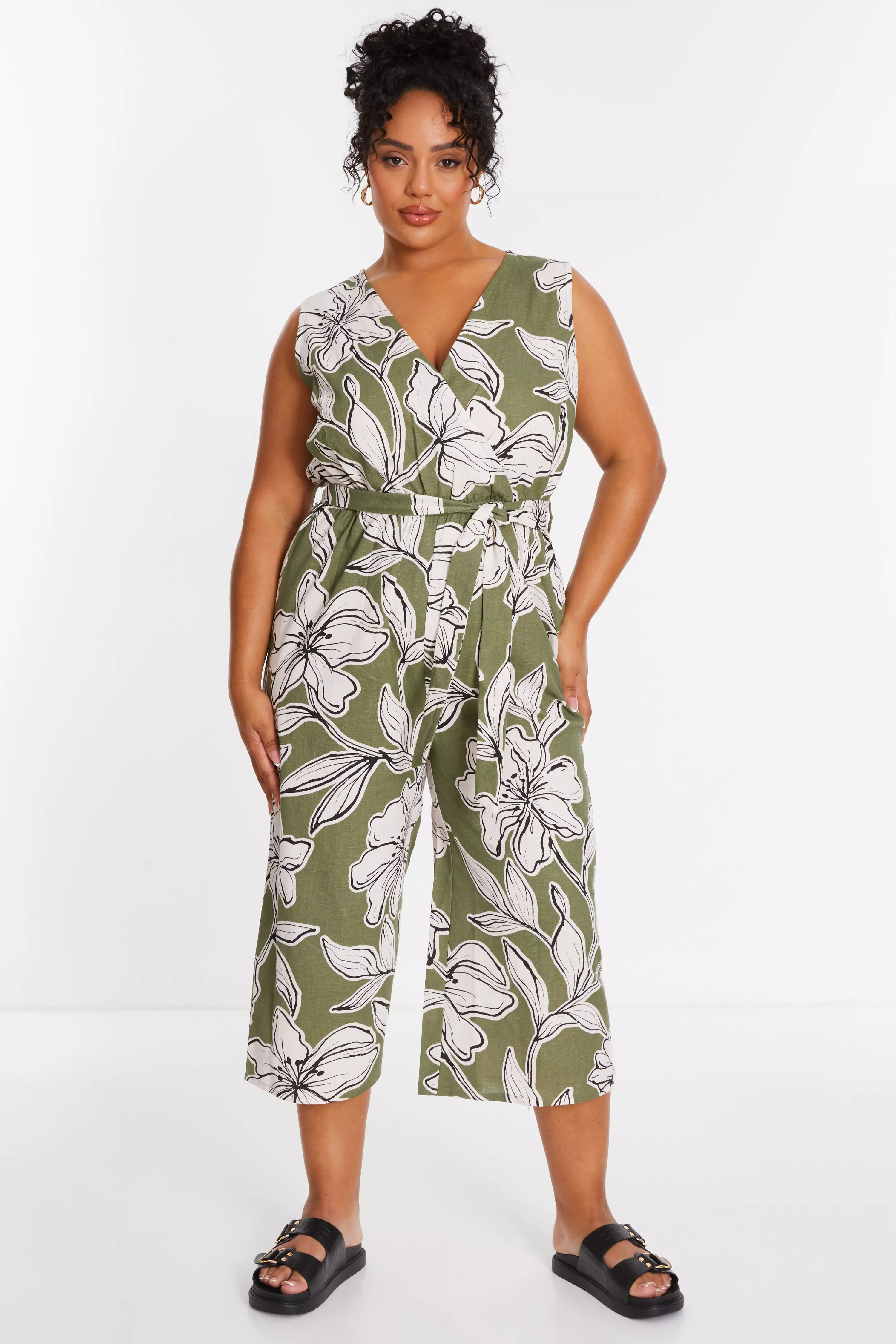 Curve Khaki Tropical Print Wrap Jumpsuit