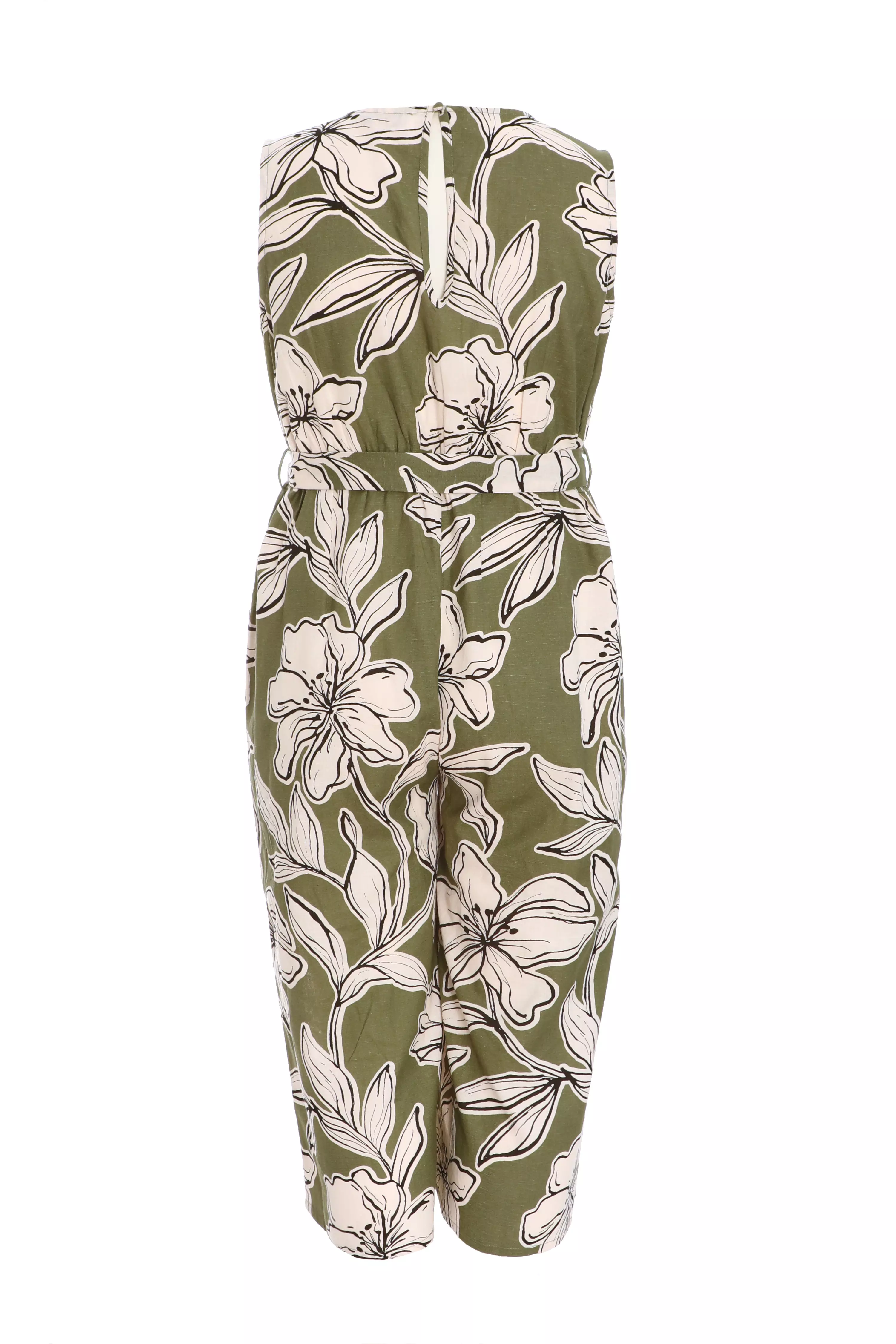 Curve Khaki Tropical Print Wrap Jumpsuit