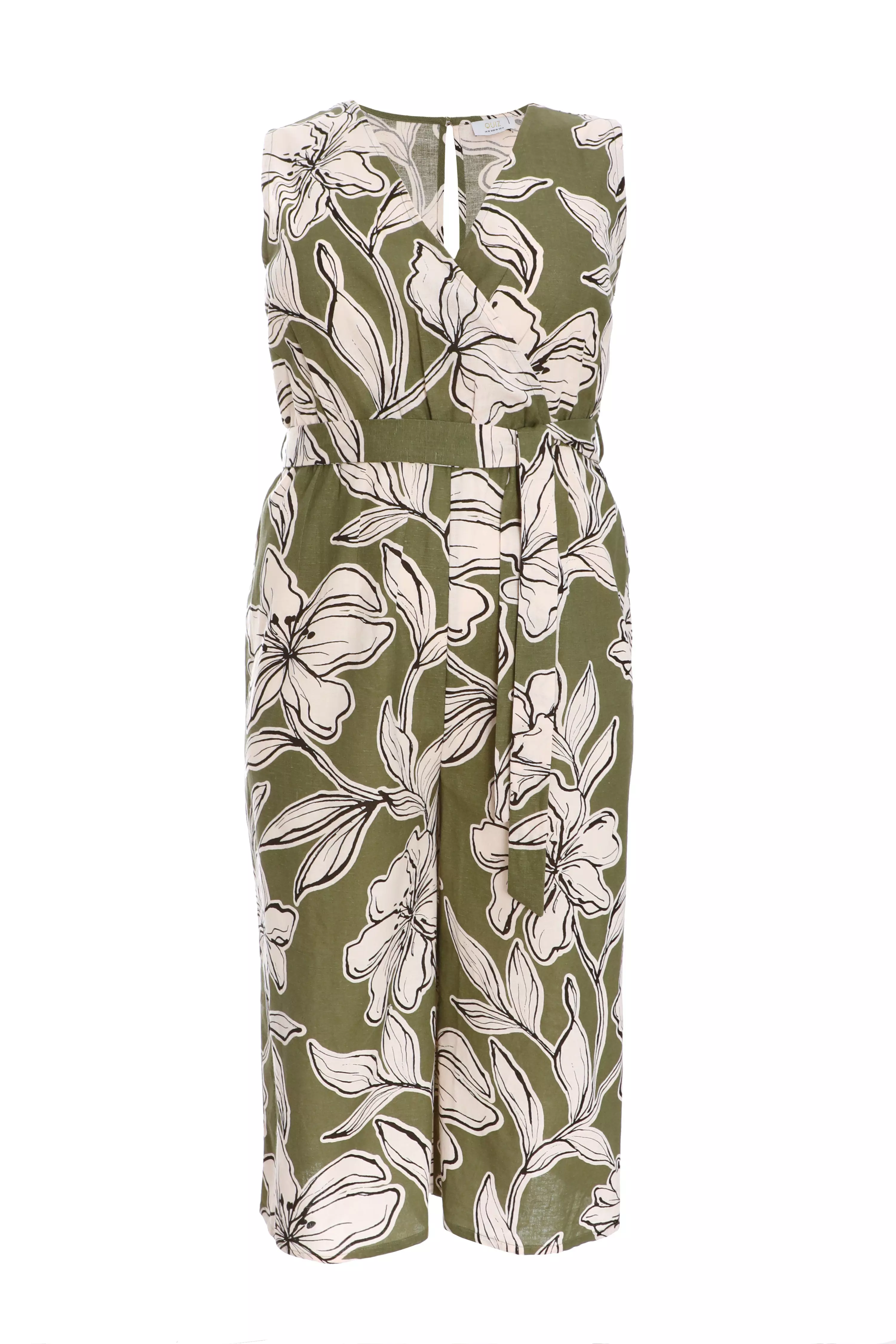 Curve Khaki Tropical Print Wrap Jumpsuit