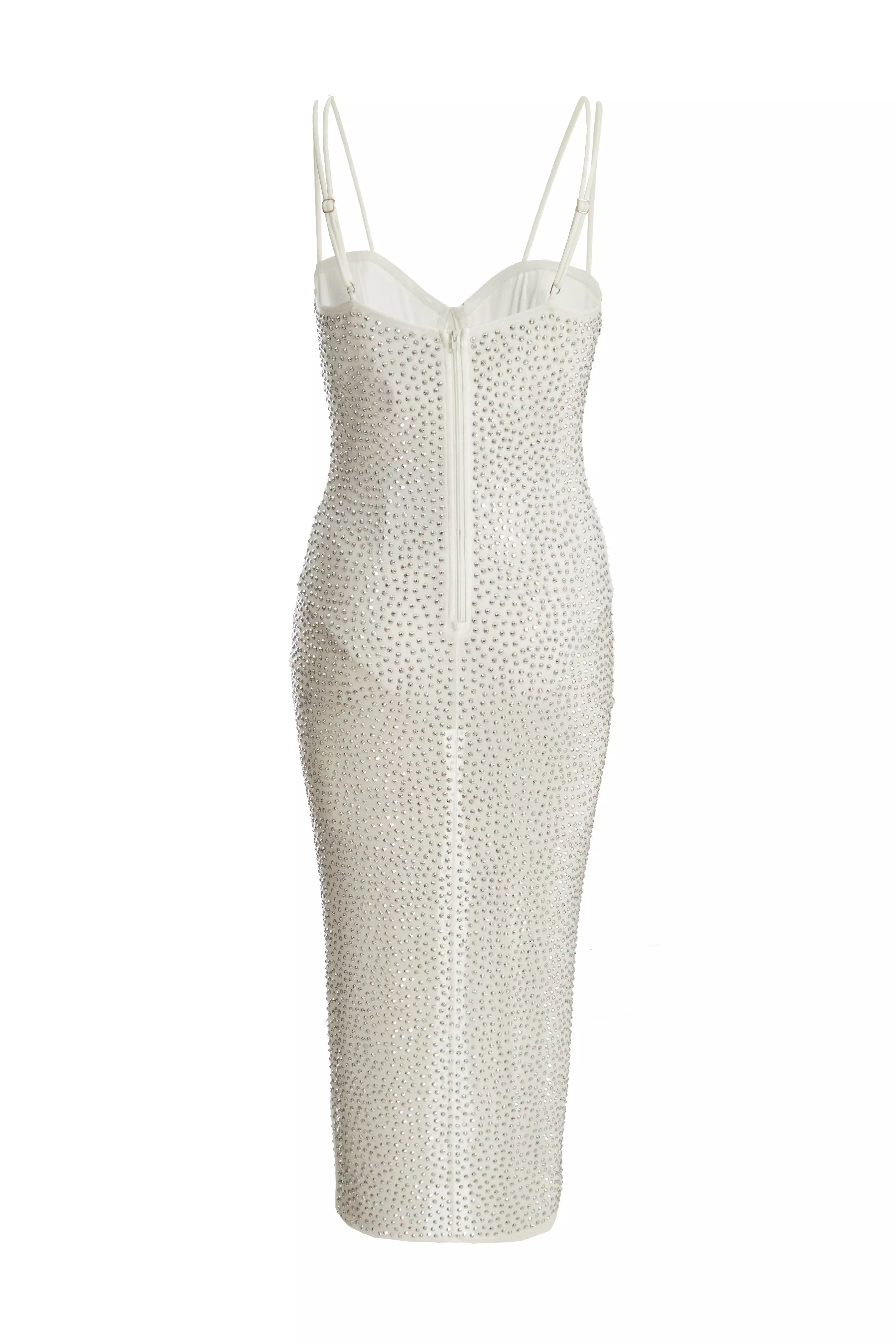 White Rhinestone Bodycon Midi Dress 