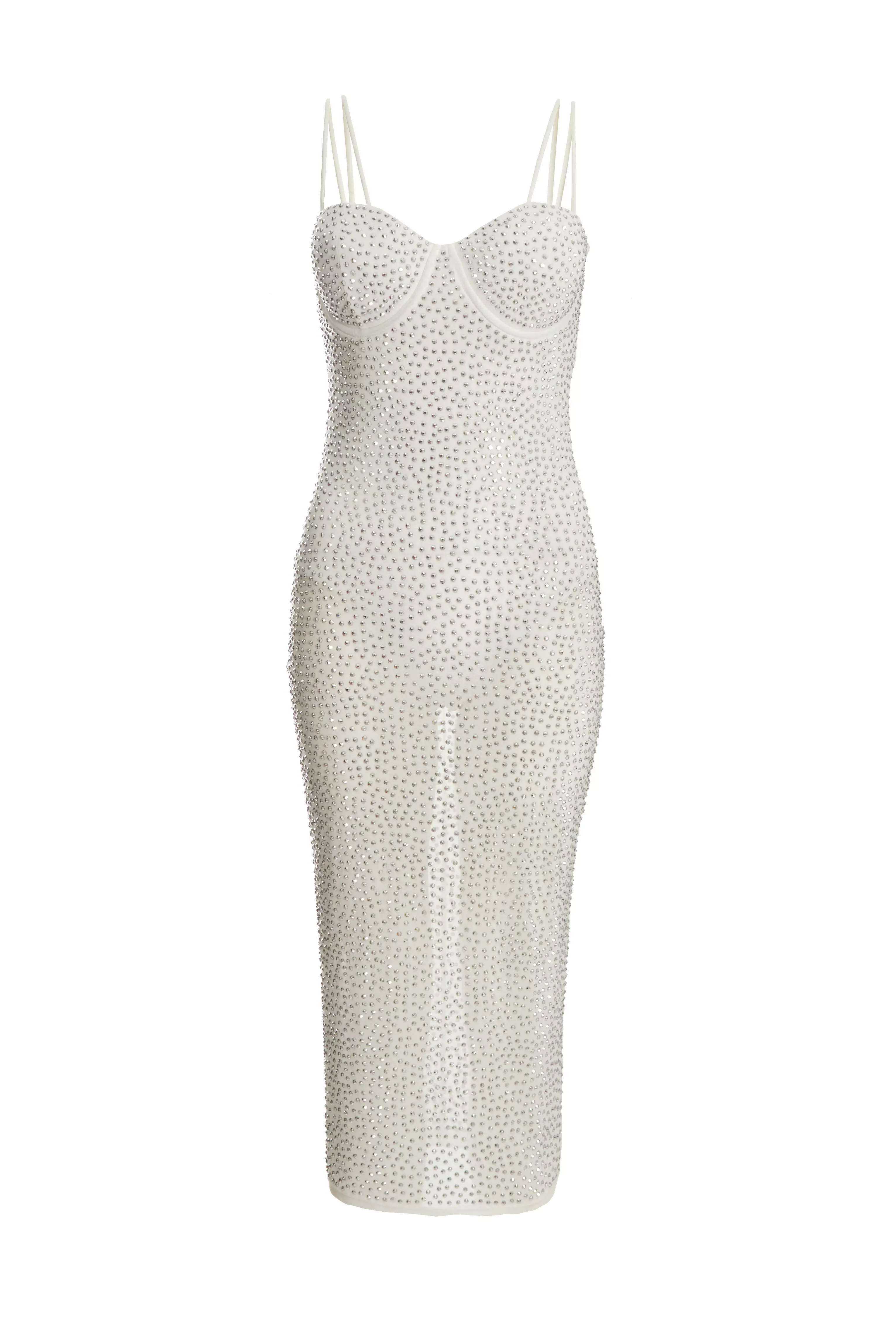 White Rhinestone Bodycon Midi Dress 