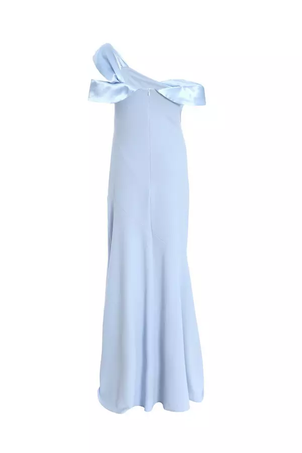 Light Blue One Shoulder Satin Bow Maxi Dress