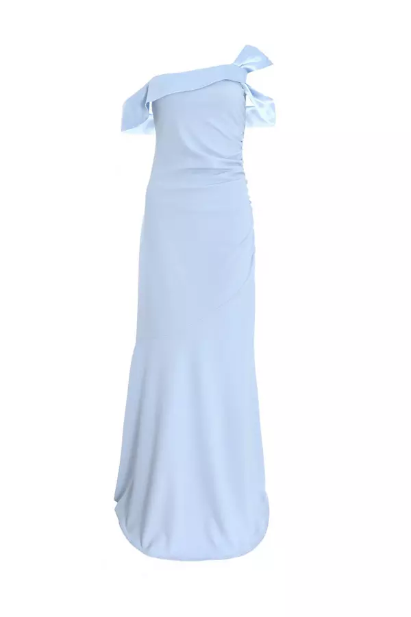 Light Blue One Shoulder Satin Bow Maxi Dress
