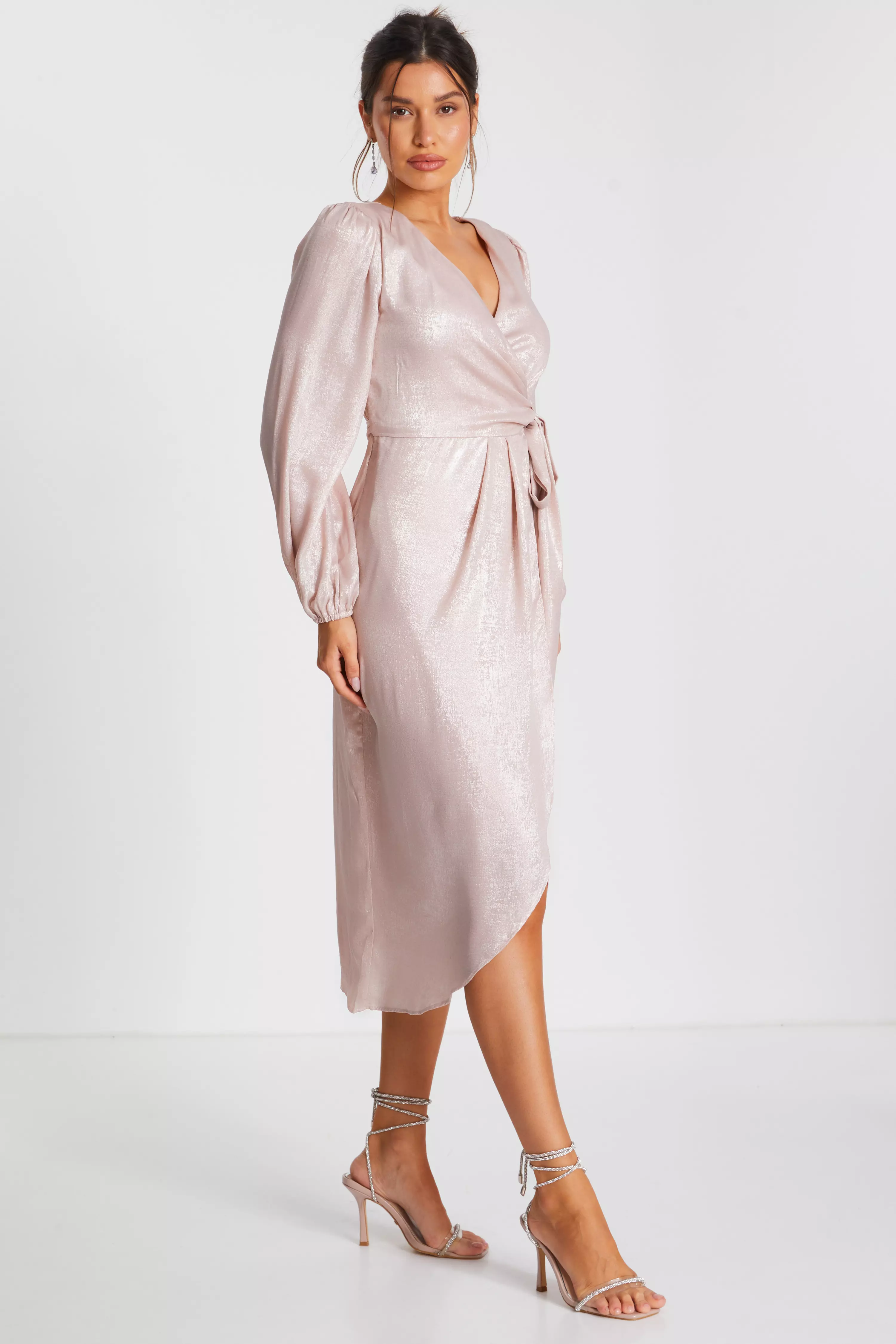 Pink Foil Wrap Midi Dress