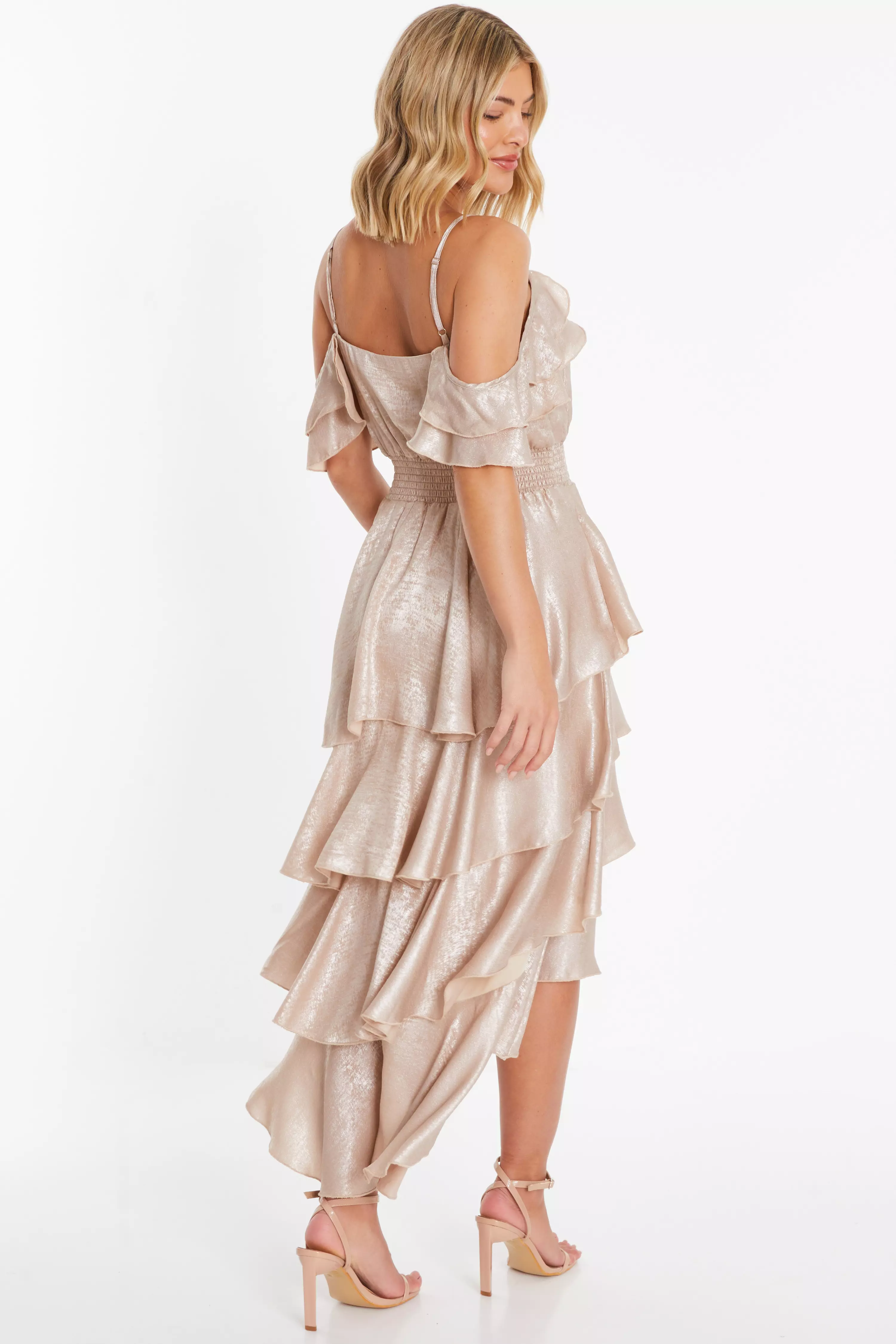 Champagne Cold Shoulder Tiered Dress