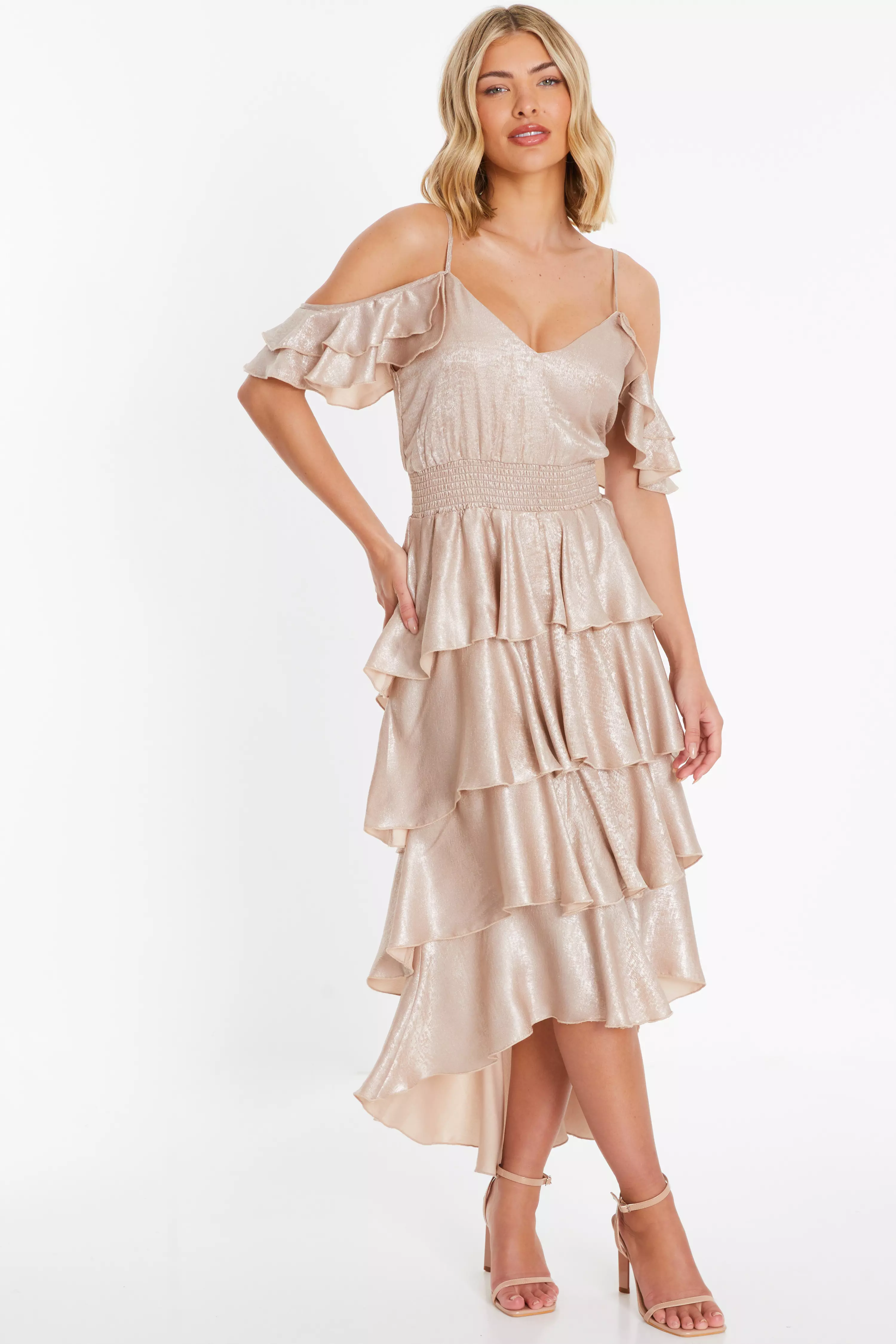 Champagne Cold Shoulder Tiered Dress