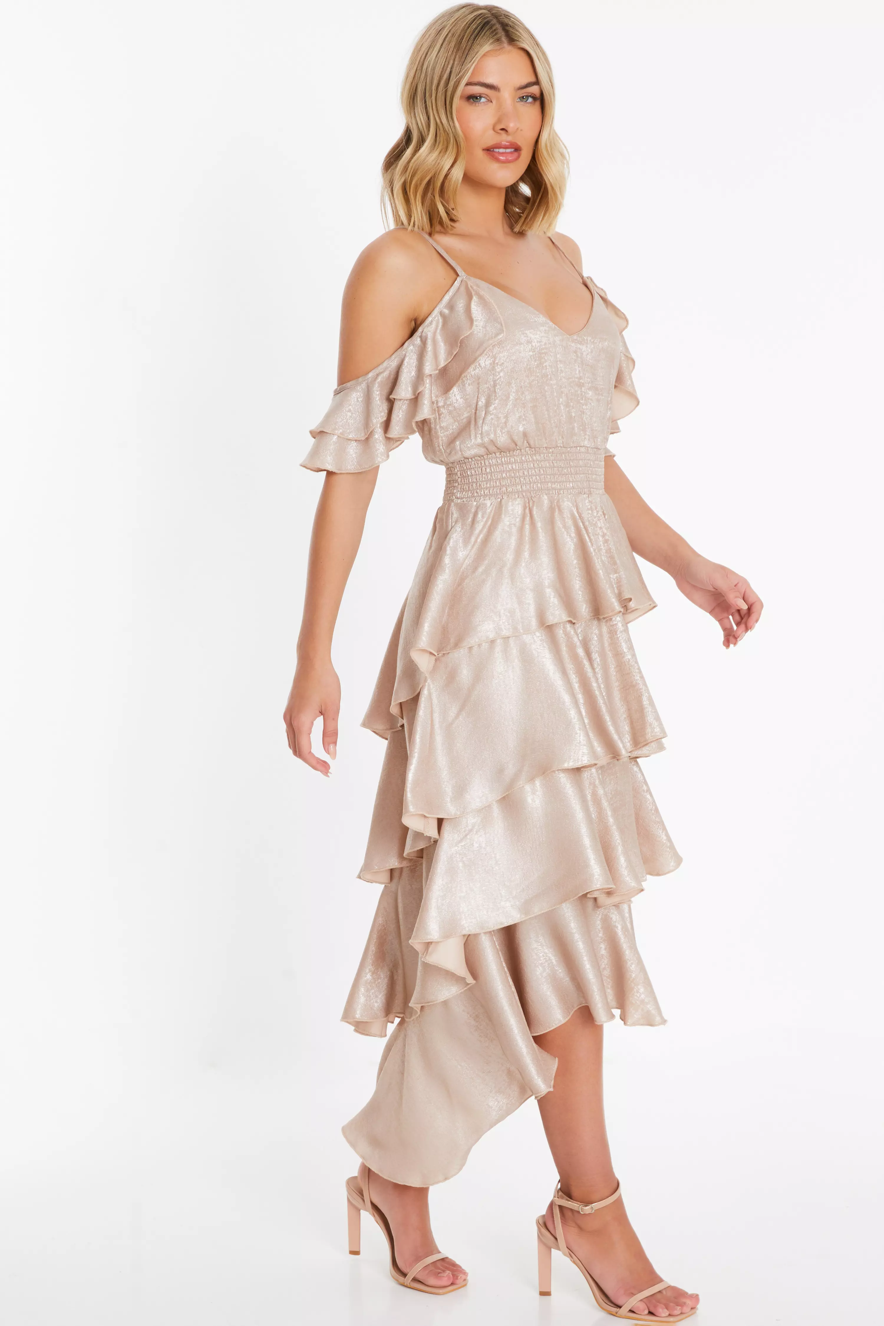 Champagne Drop Shoulder Tiered Midi Dress