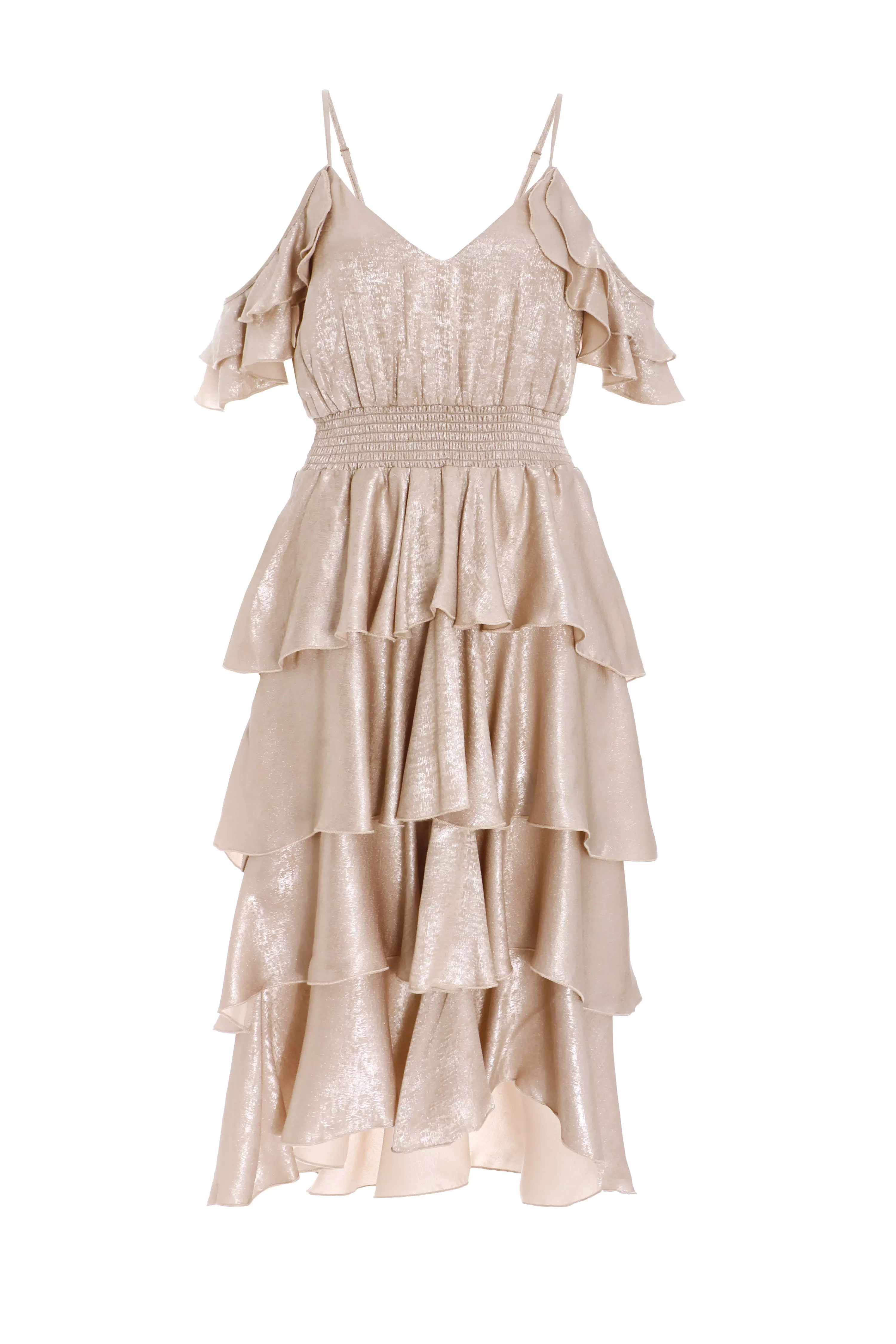 Champagne Drop Shoulder Tiered Midi Dress