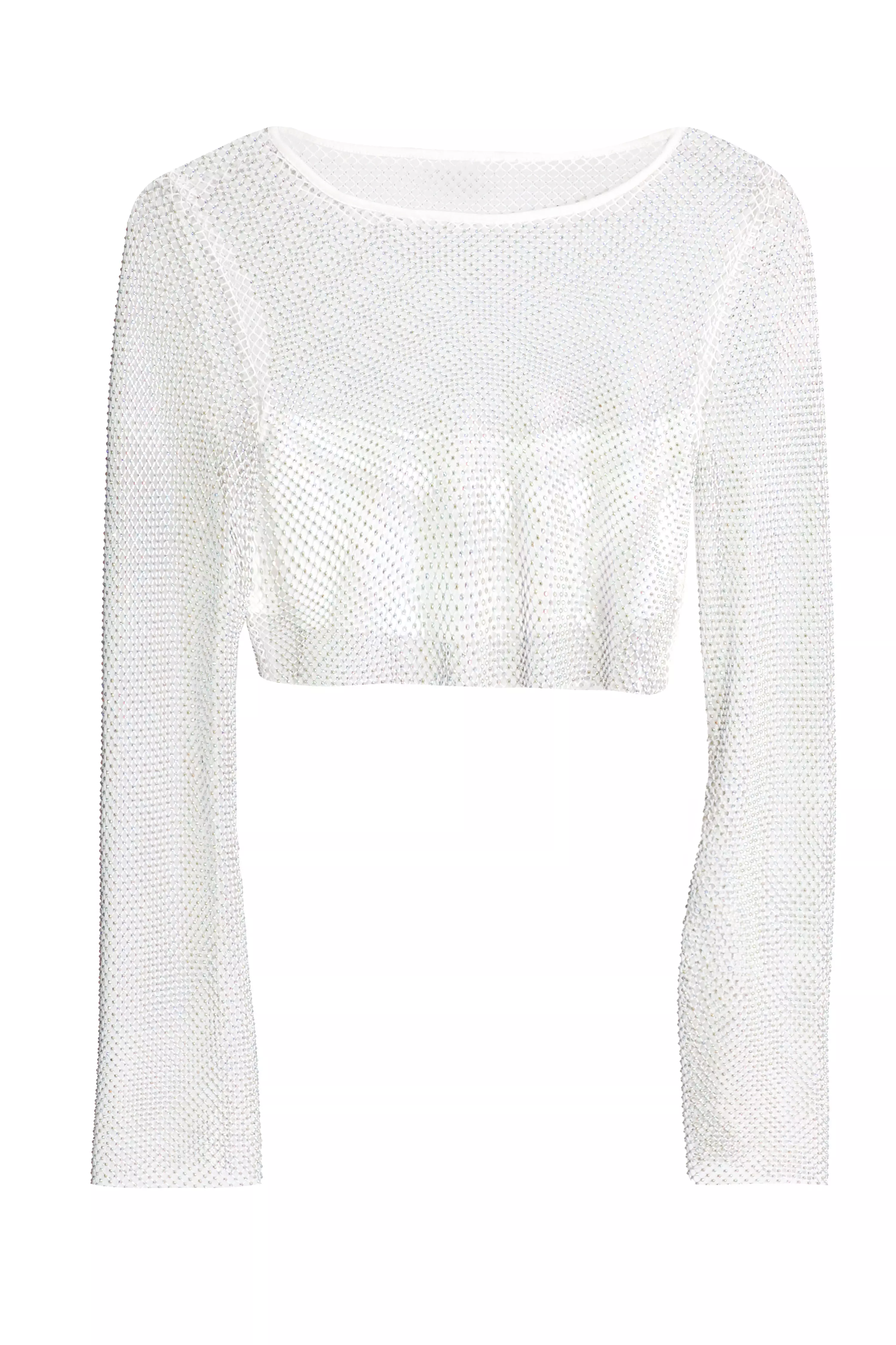 White Diamante Embellished Mesh Crop Top