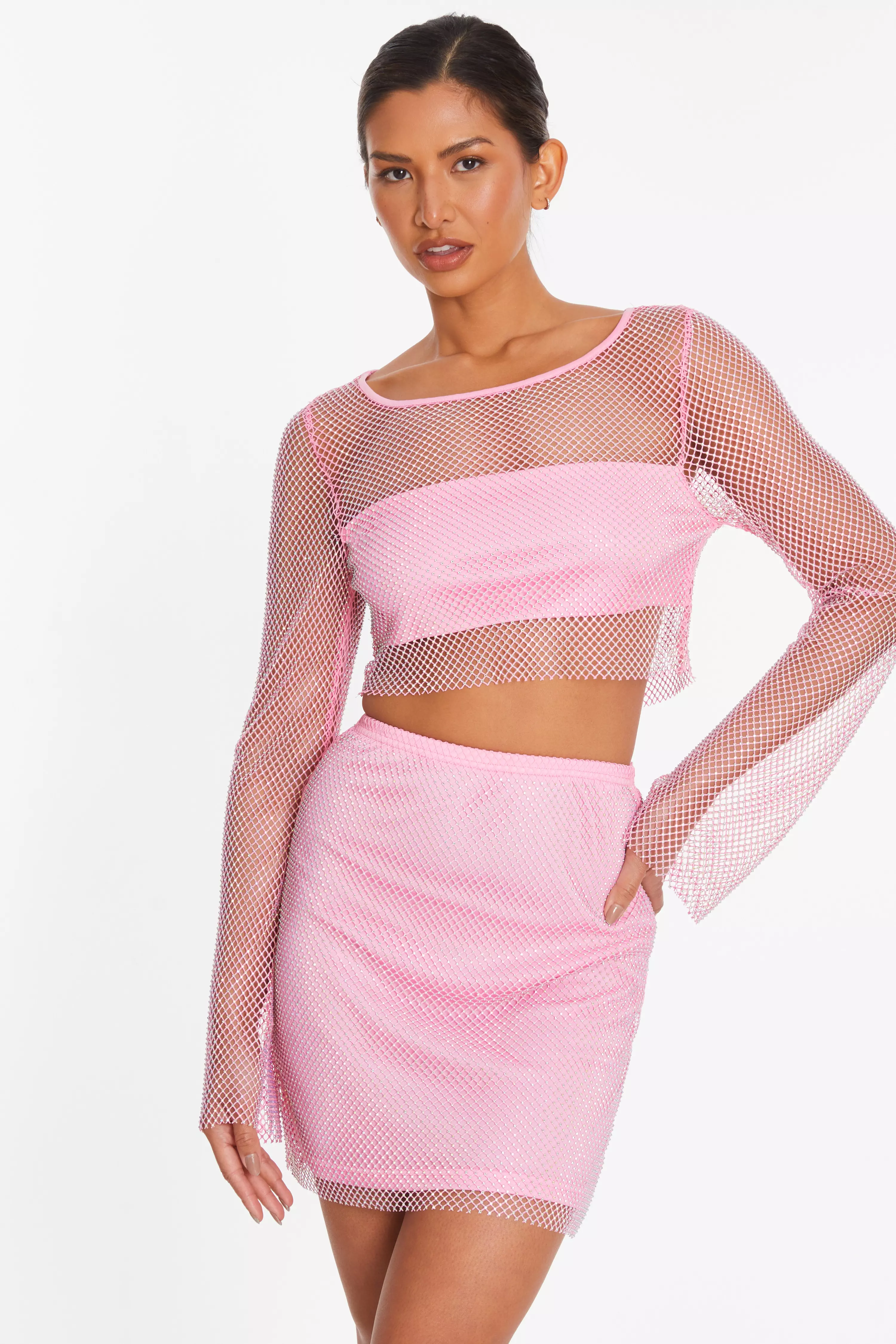 Pink Diamante Embellished Mesh Crop Top