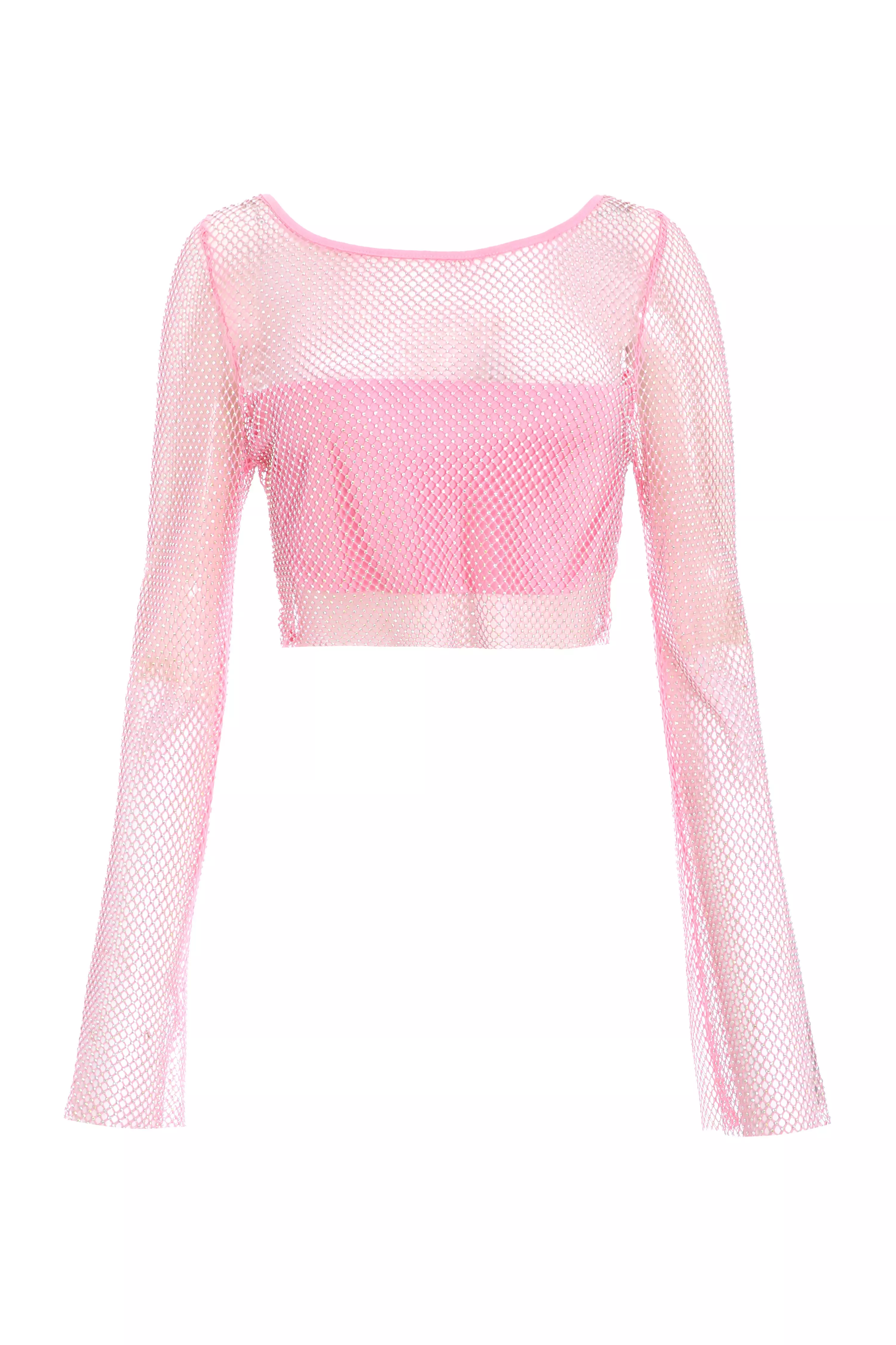 Pink Diamante Embellished Mesh Crop Top