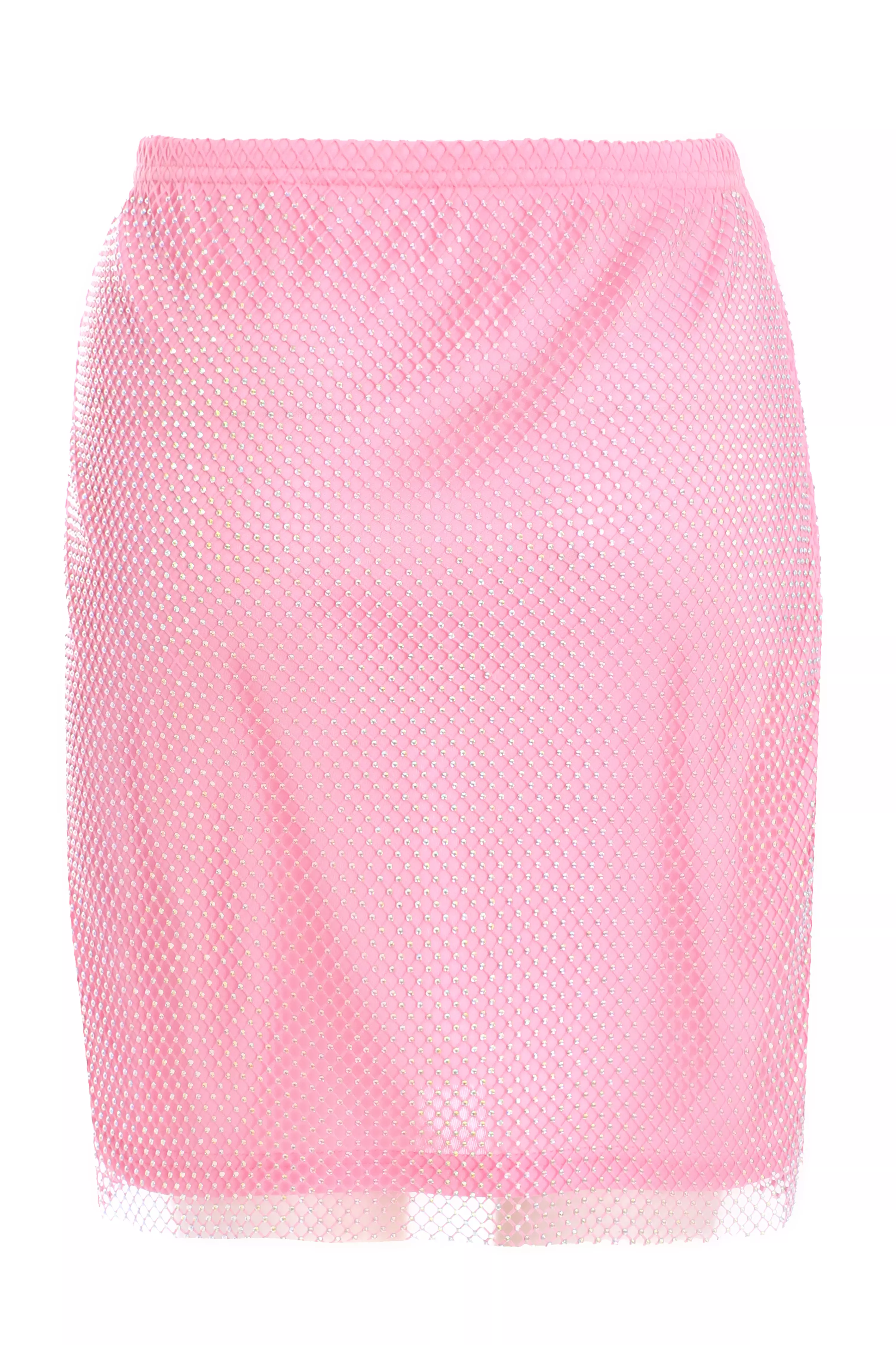 Pink Diamante Mesh Mini Skirt