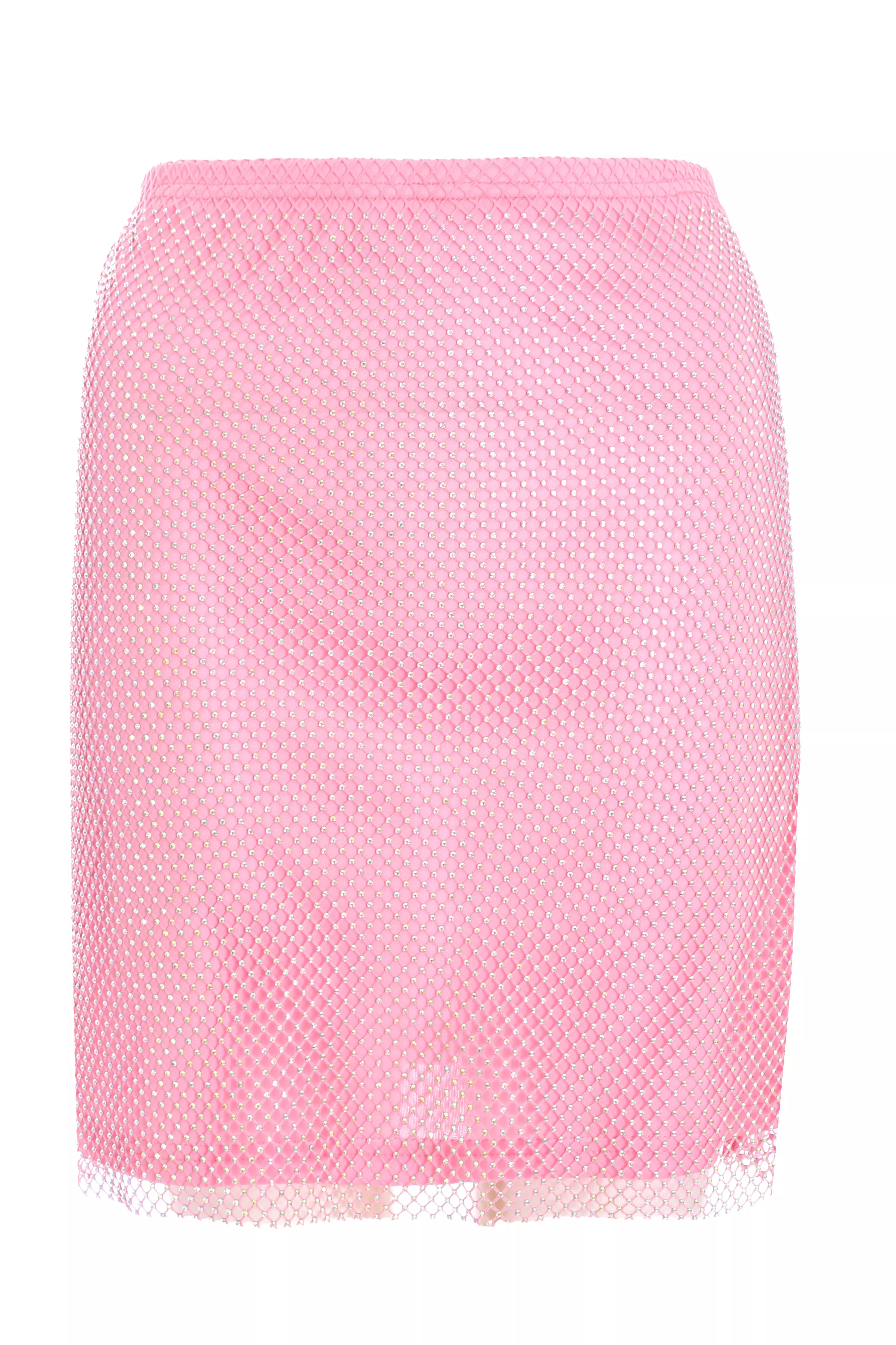 Pink Diamante Mesh Mini Skirt