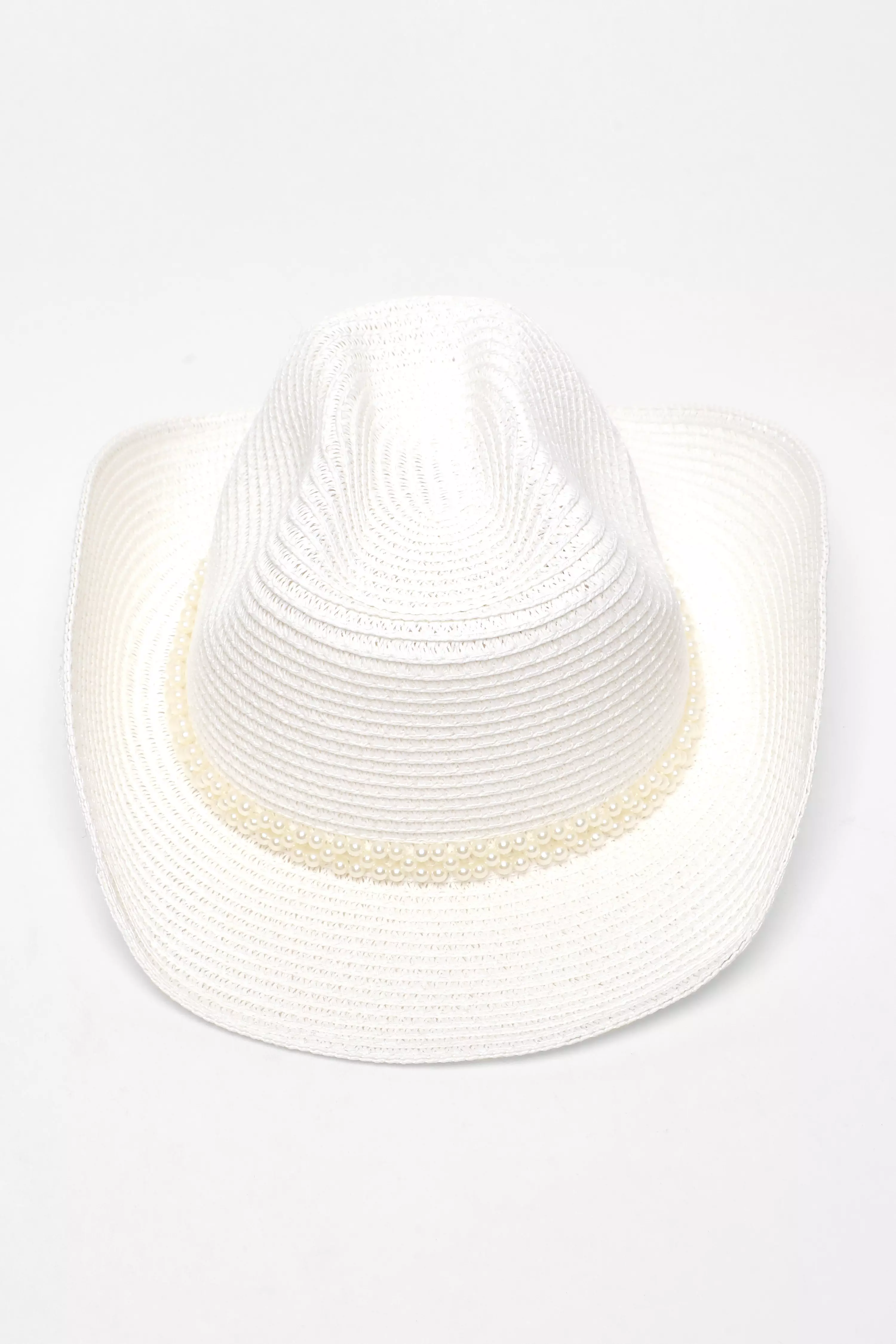White Straw Pearl Trim Beach Hat