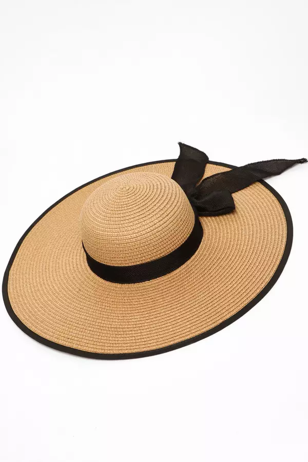 Tan Straw Bow Trim Beach Hat