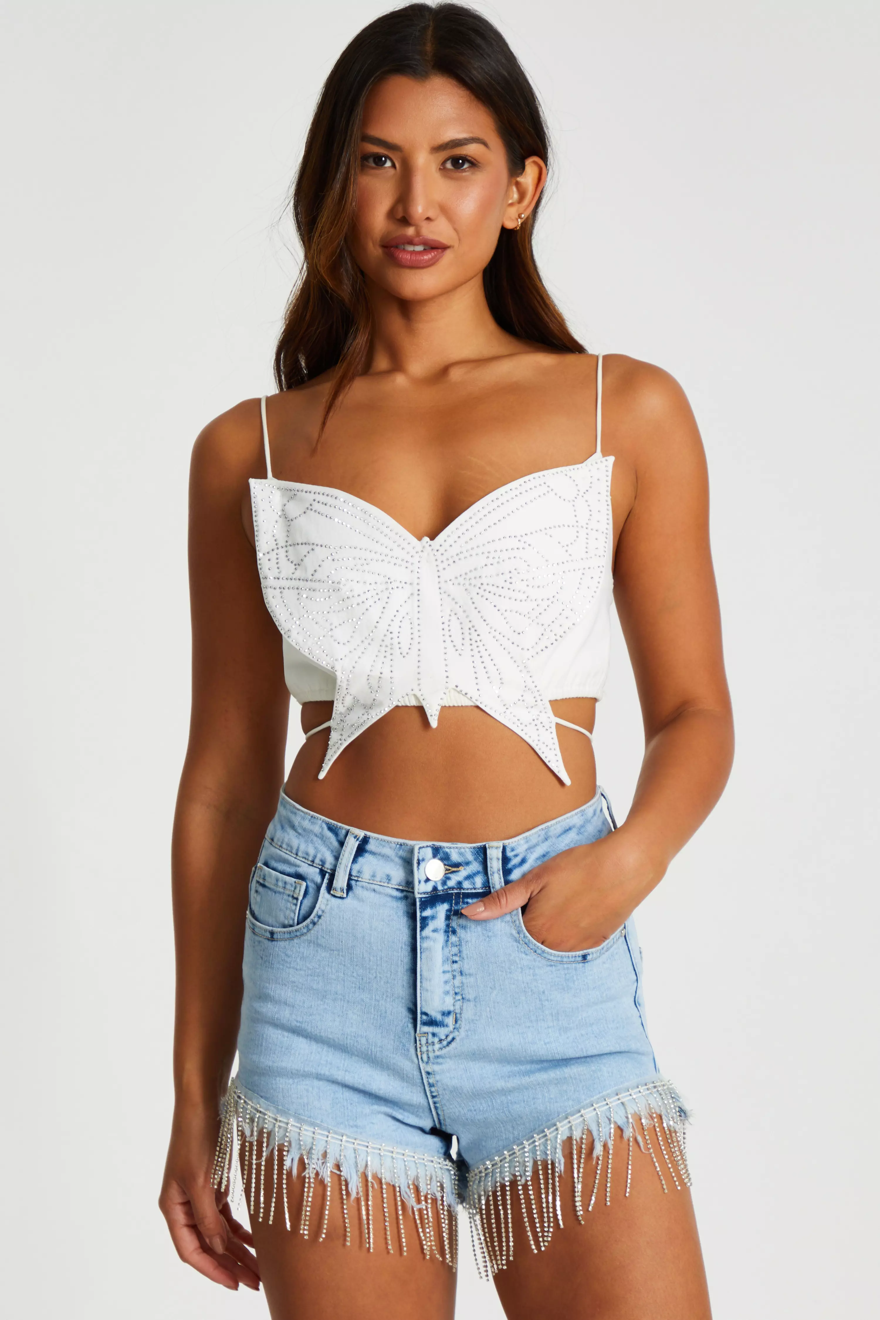 White Diamante Butterfly Tie Back Top 