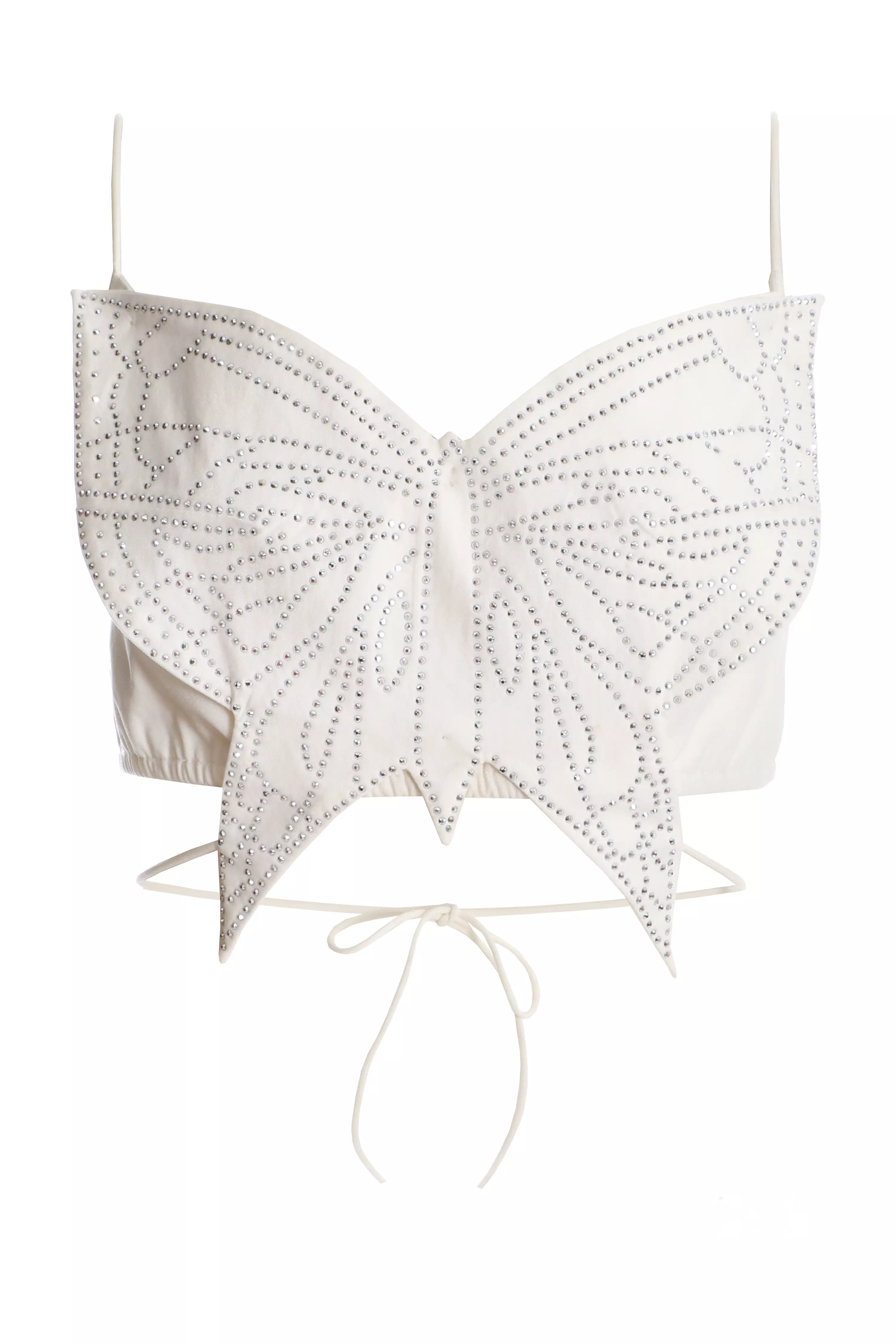 White Diamante Butterfly Tie Back Top 