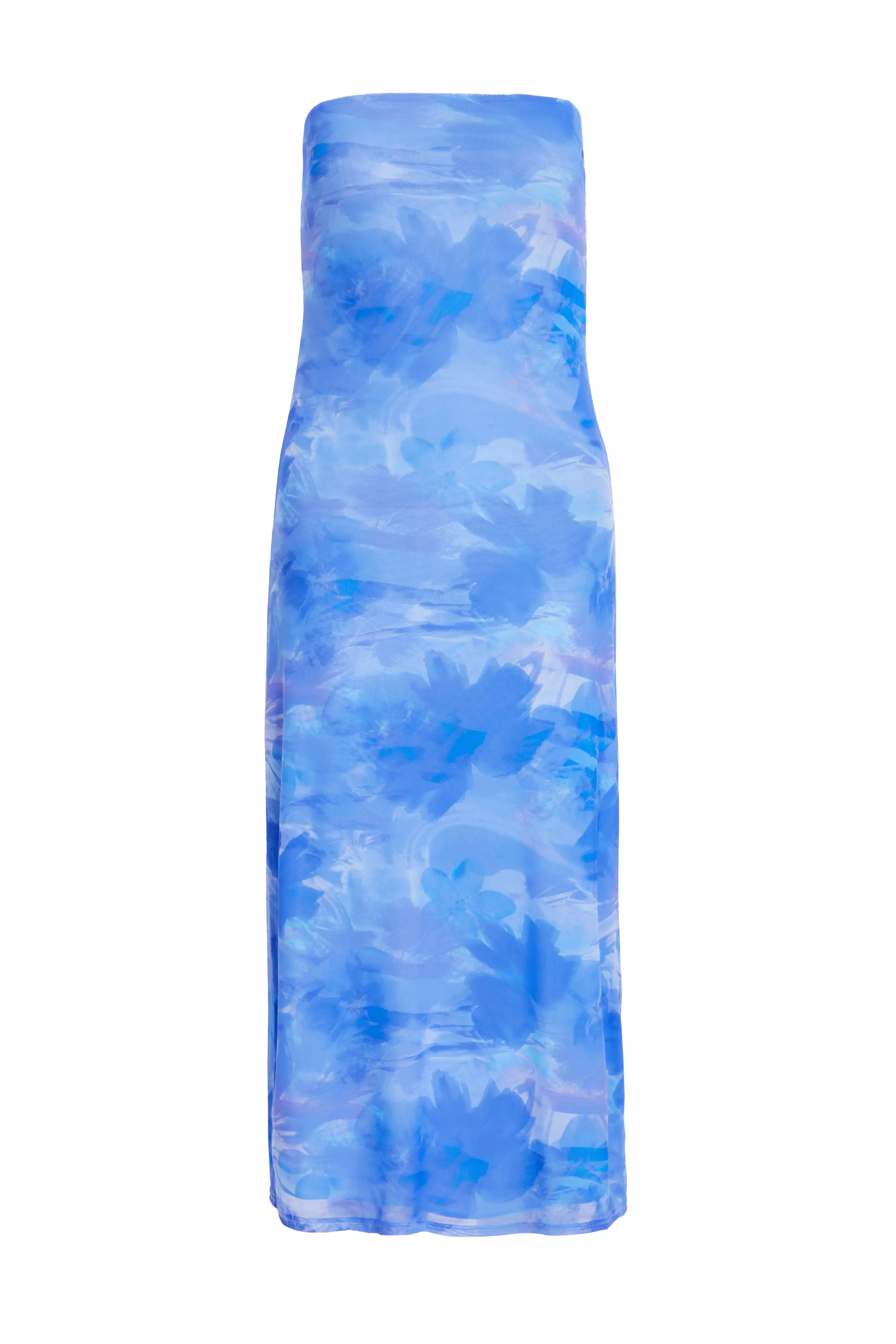 Petite Blue Tie Dye Mesh Bandeau Midi Dress