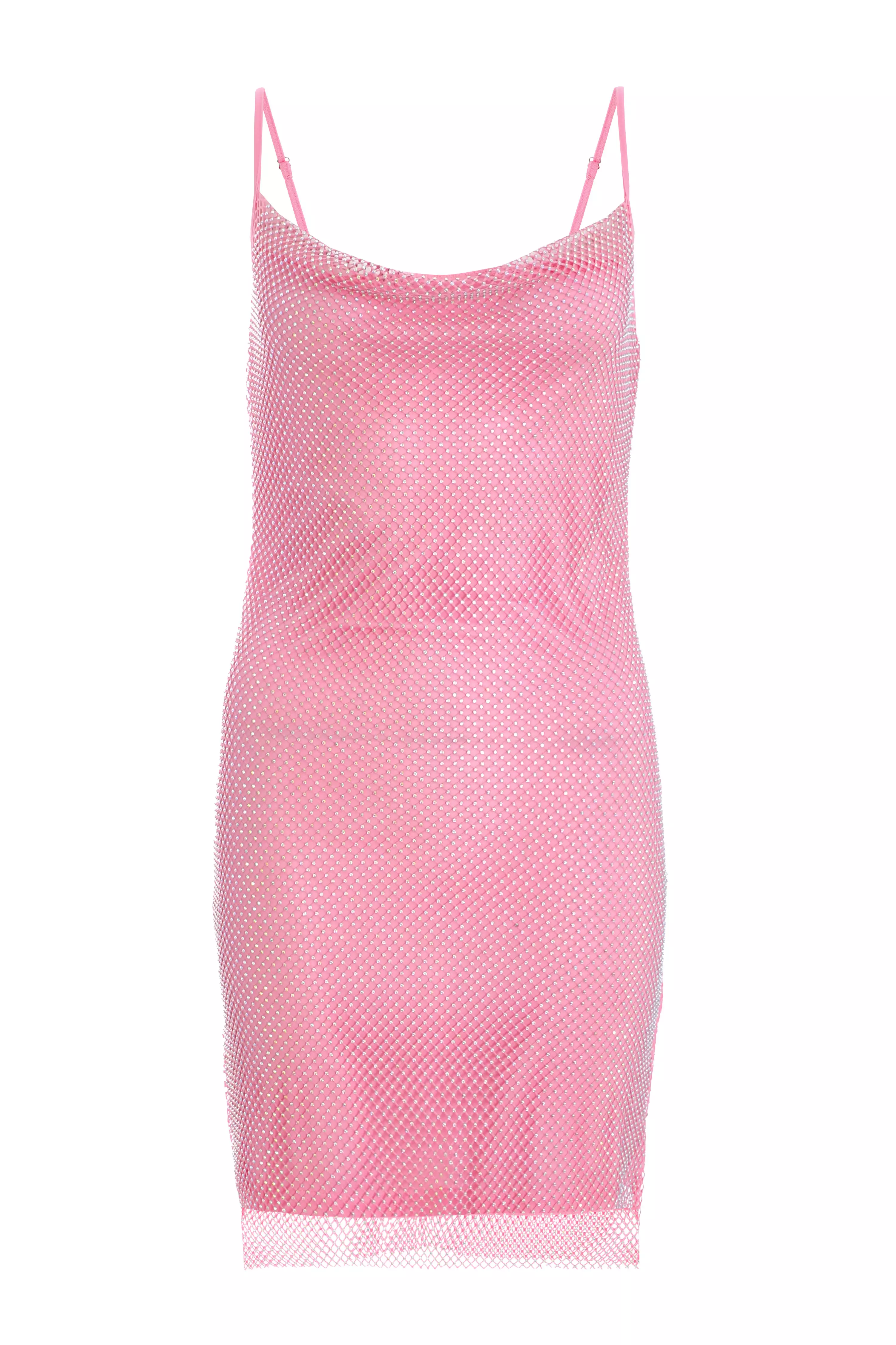 Pink Rhinestone Cowl Neck Dress 