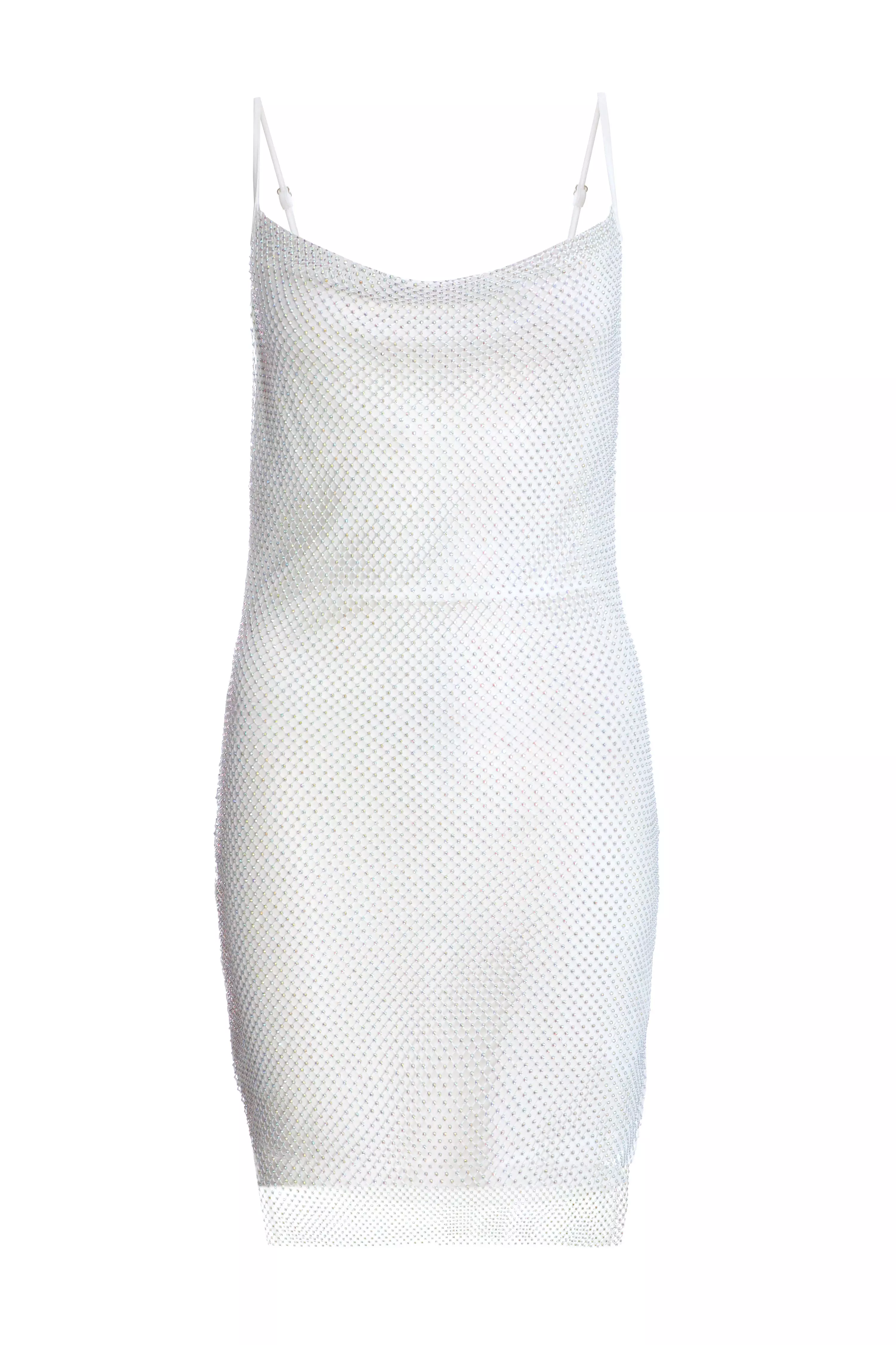White Rhinestone Cowl Neck Dress 