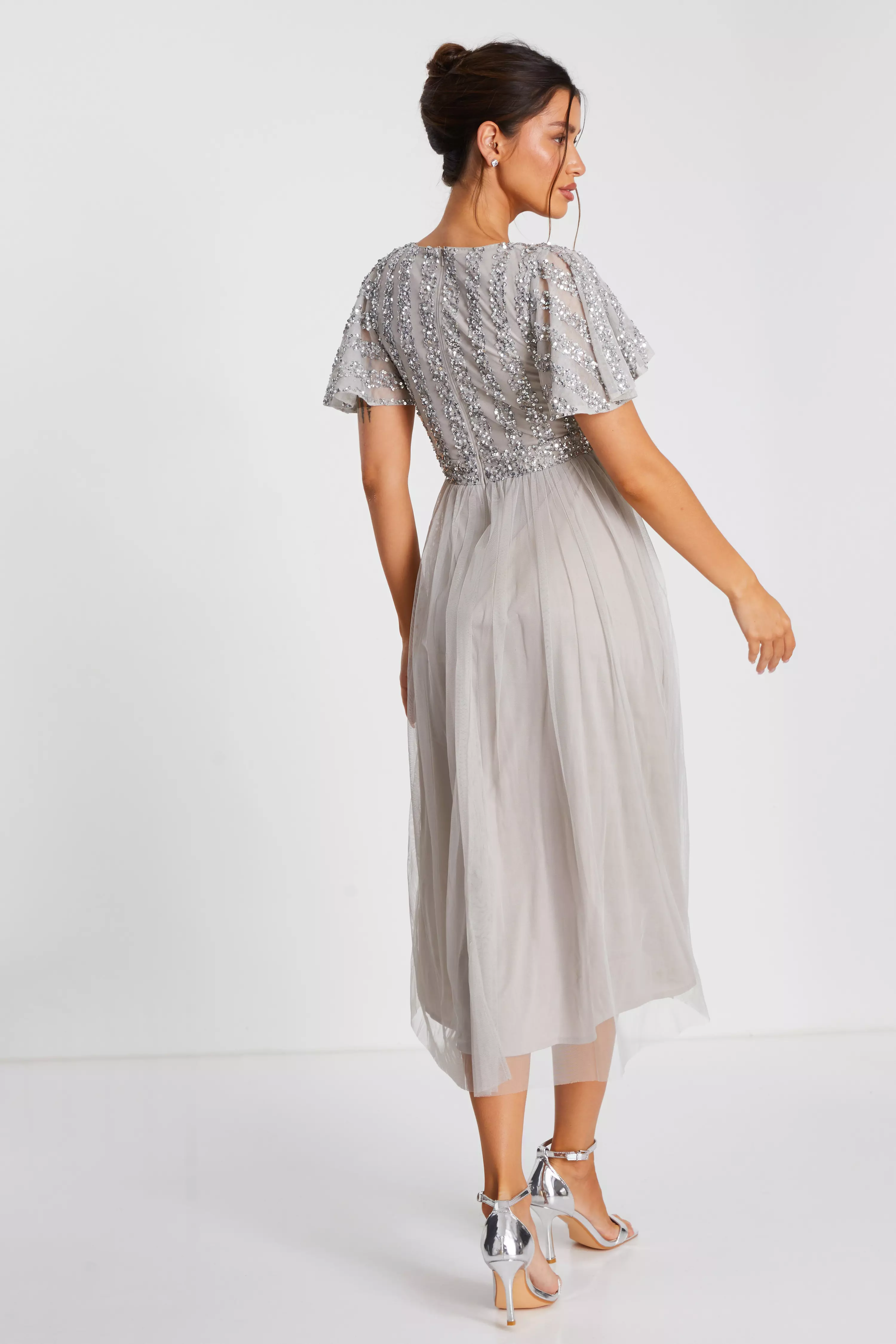 Grey Sequin Wrap Tulle Midi Dress