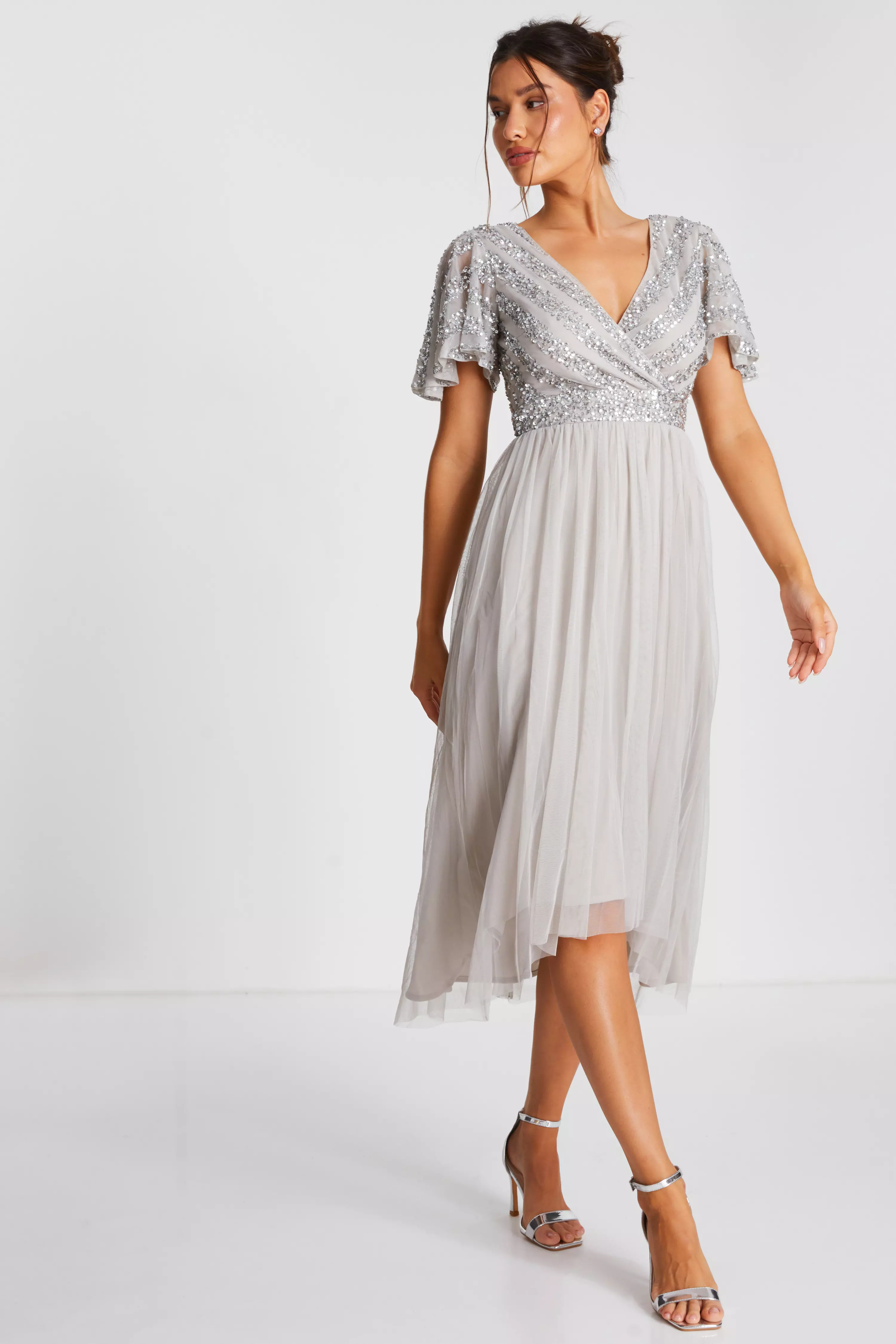 Grey Sequin Wrap Tulle Midi Dress