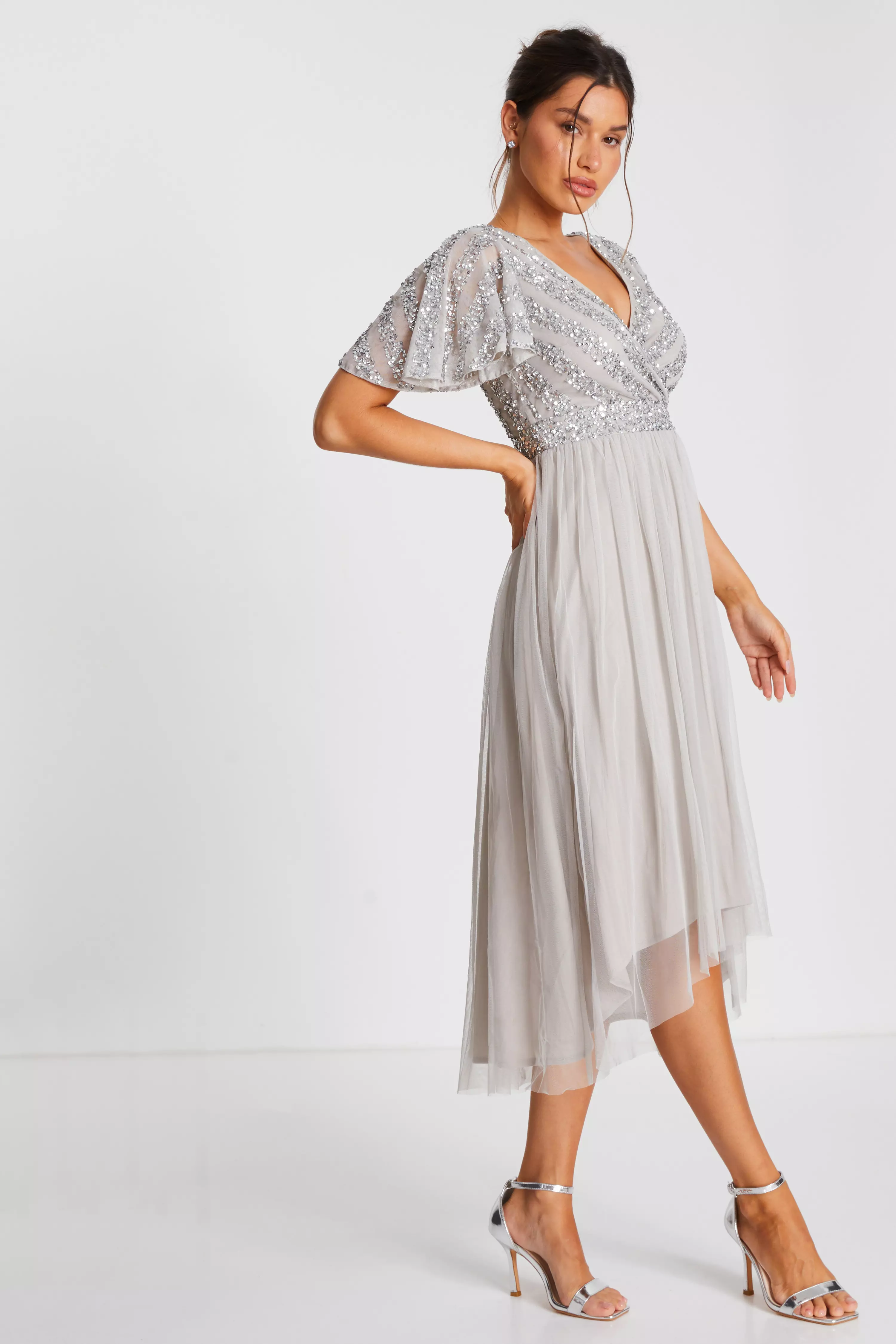 Grey Sequin Wrap Tulle Midi Dress