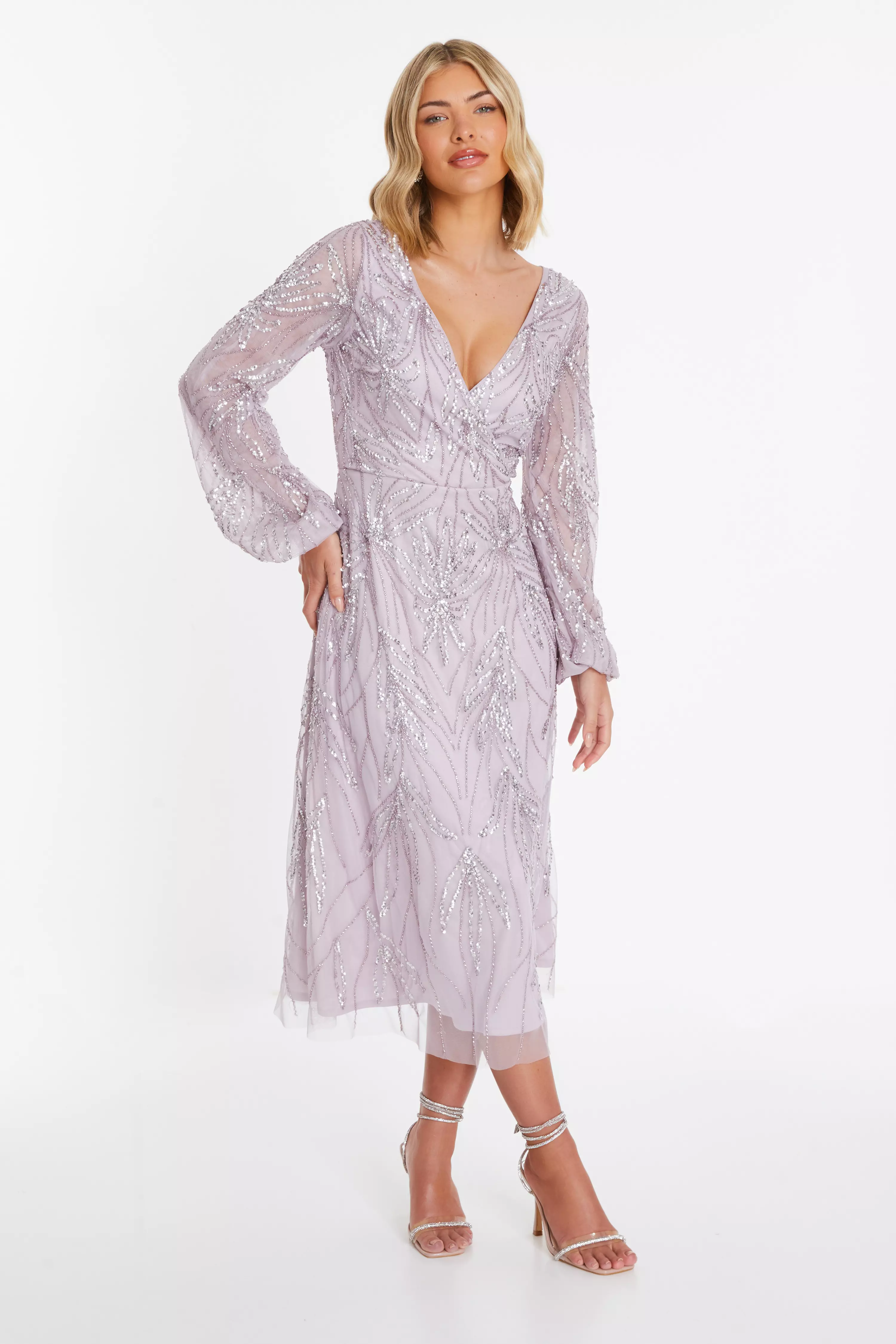 Lilac Embellished Wrap Midi Dress