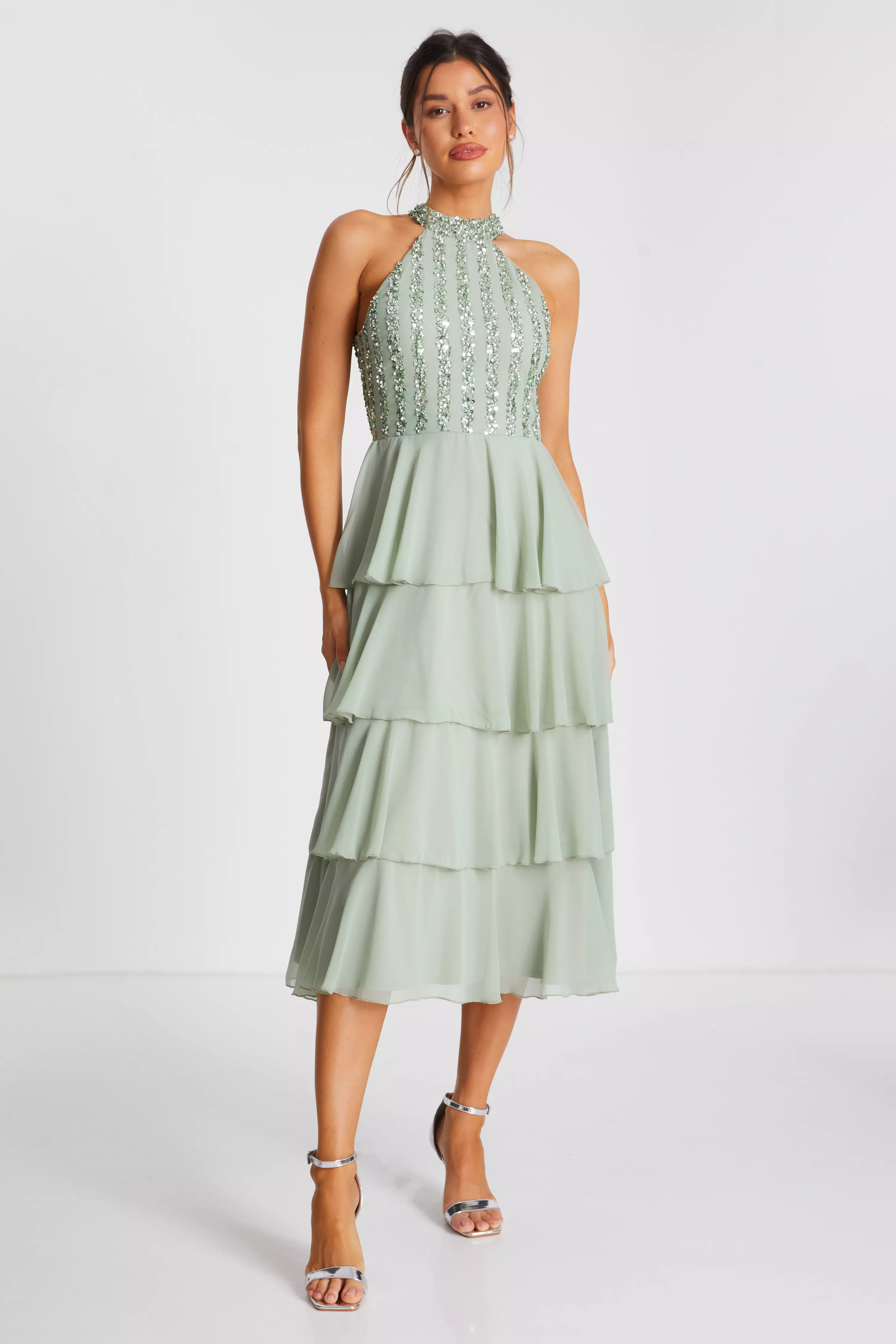 Sage Embellished Chiffon Midi Dress