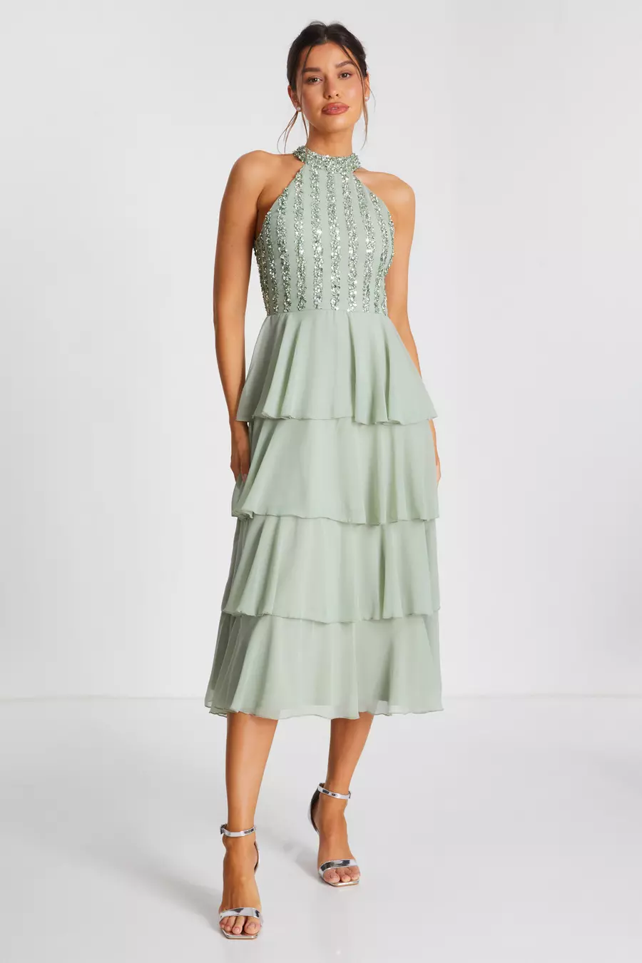 Sage Embellished Chiffon Midi Dress QUIZ Clothing