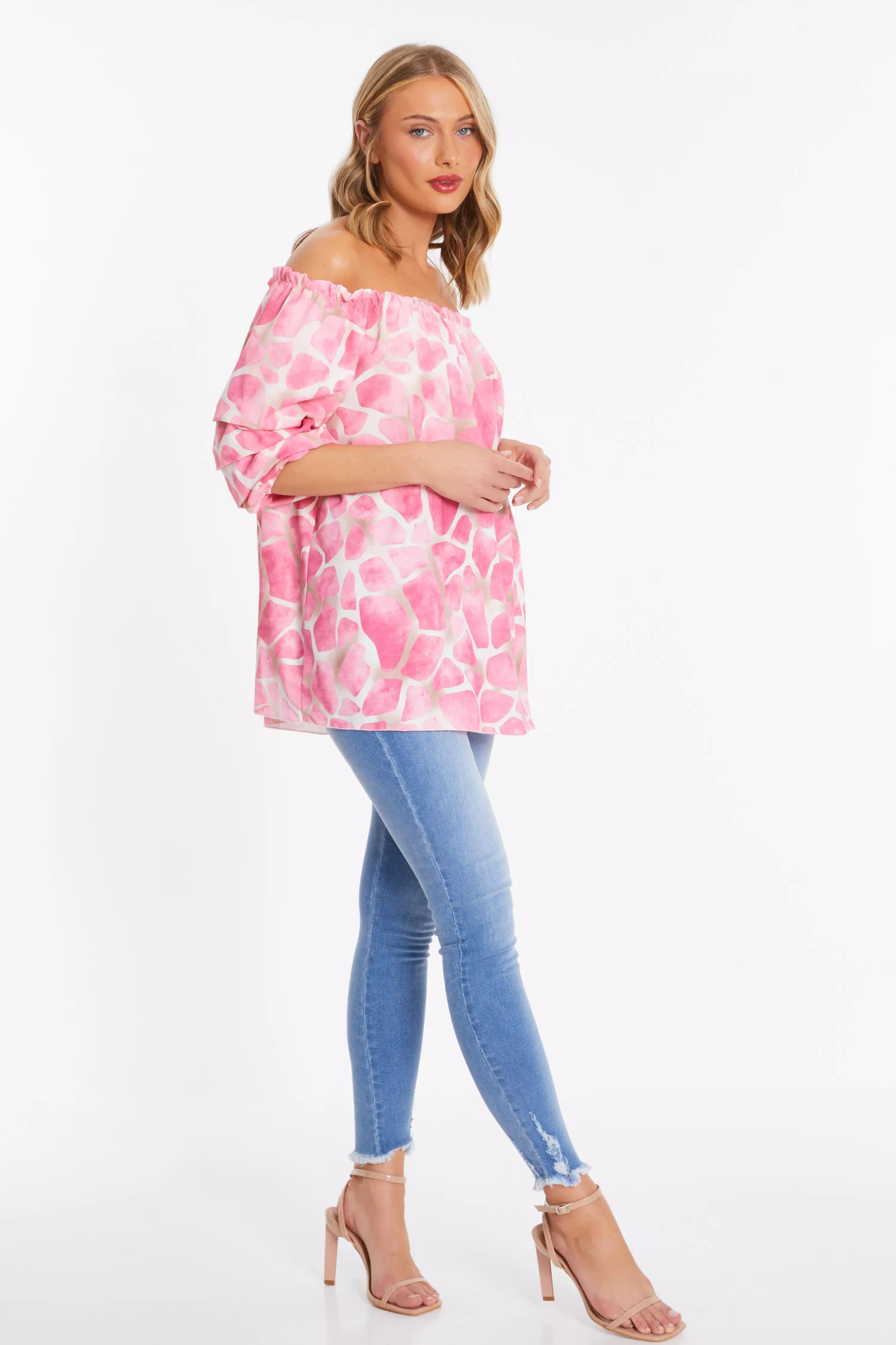 Pink Abstract Print Bardot Top