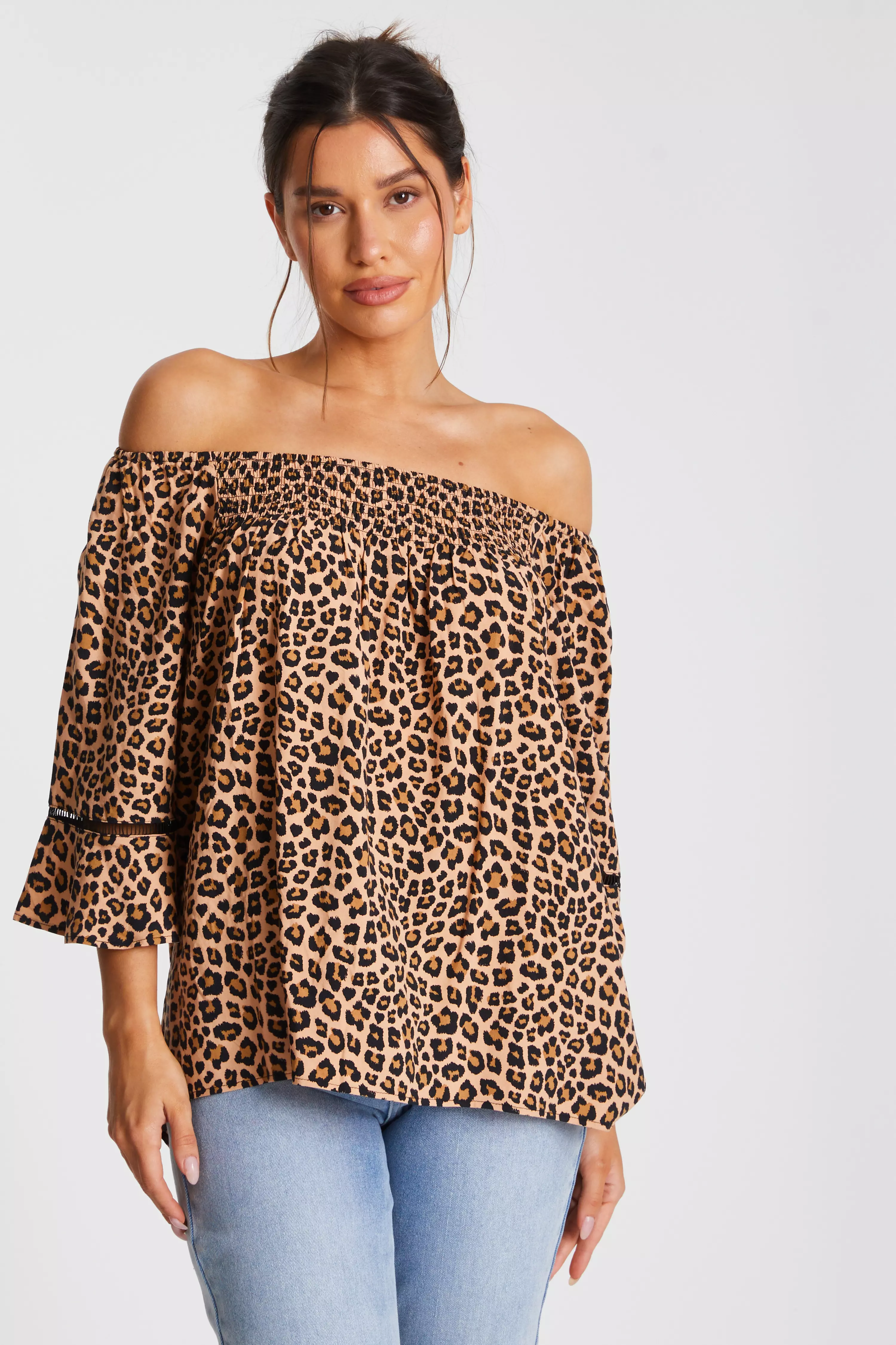 Stone Leopard Print Bardot Top