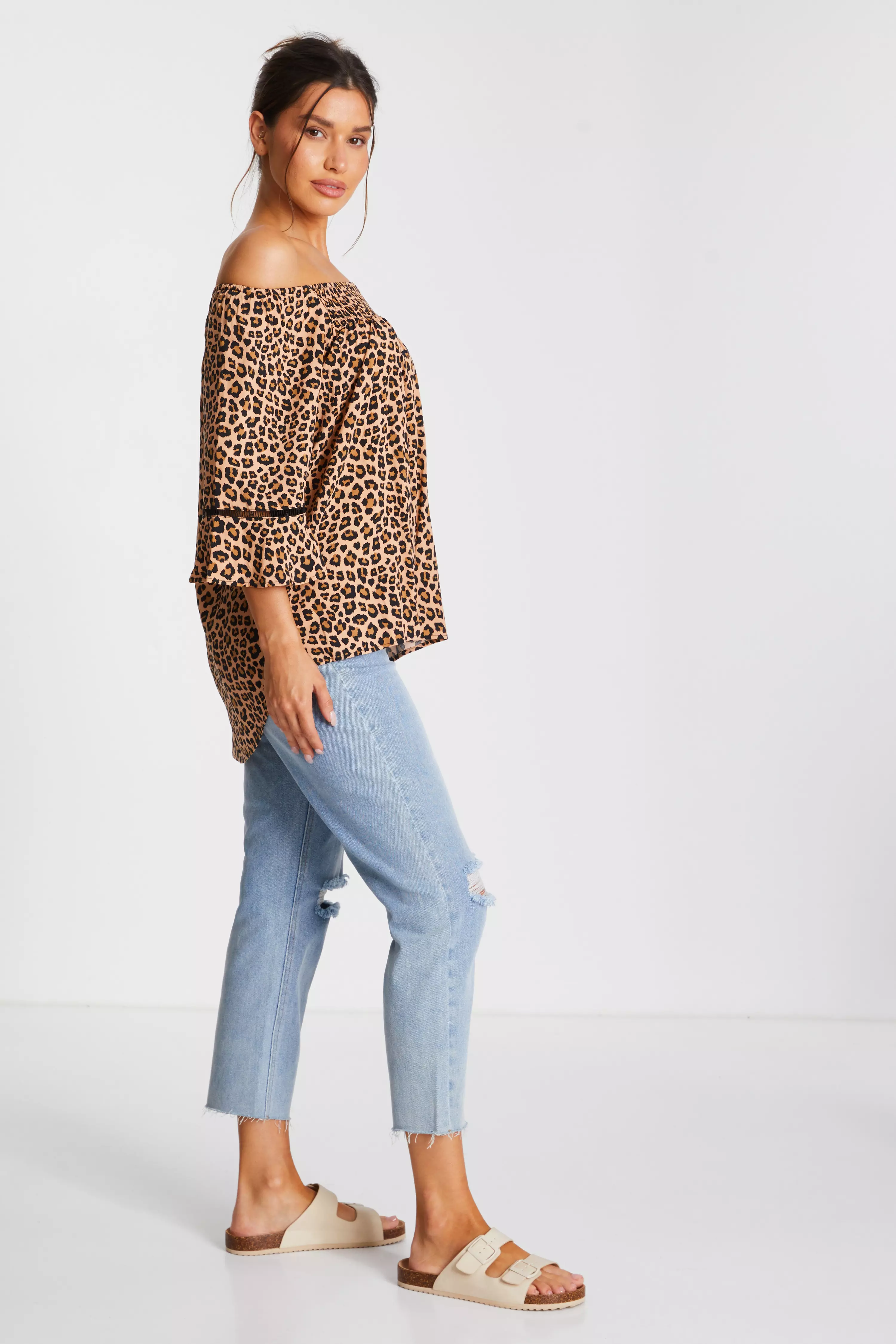 Stone Leopard Print Bardot Top