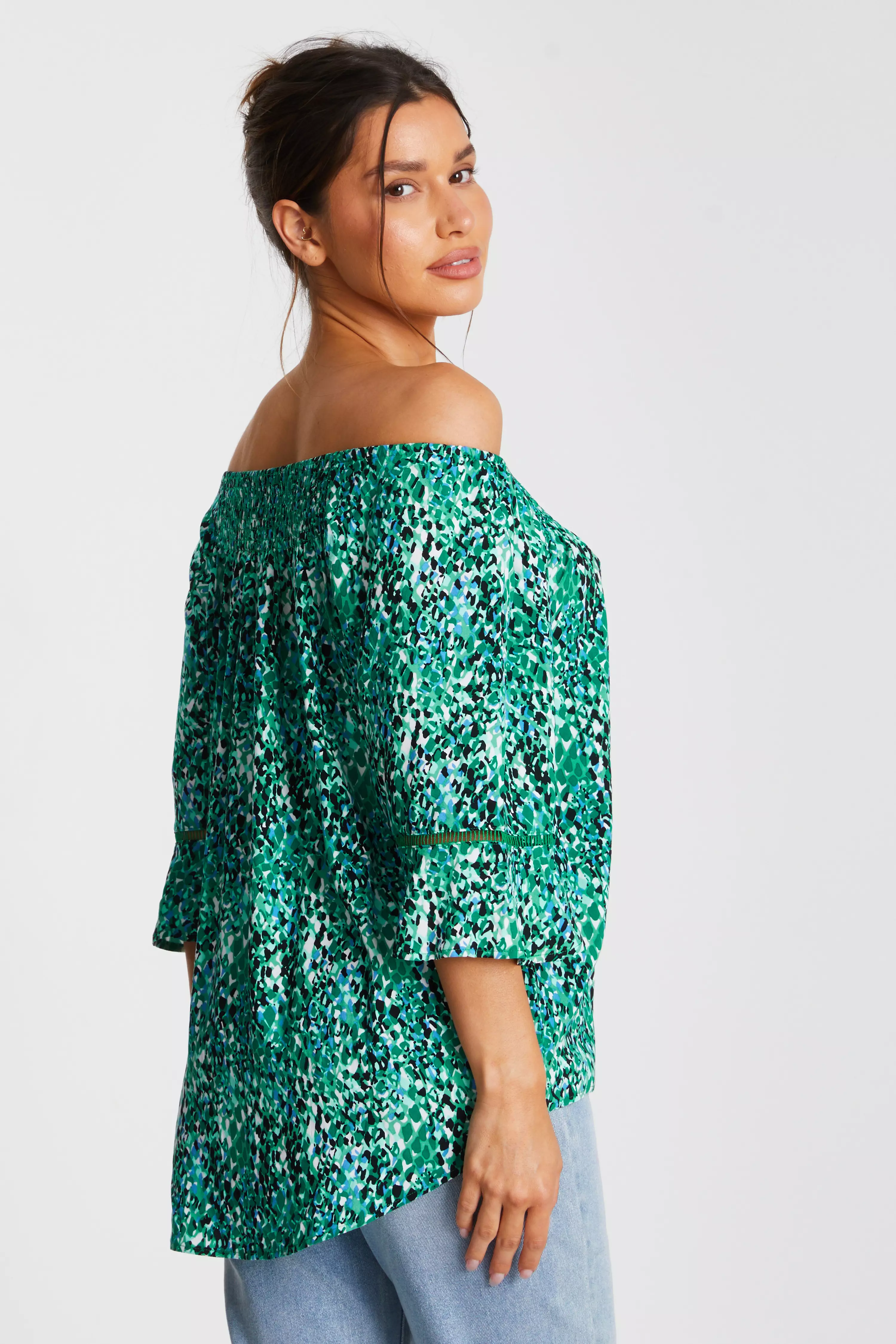 Green Leopard Print Bardot Top