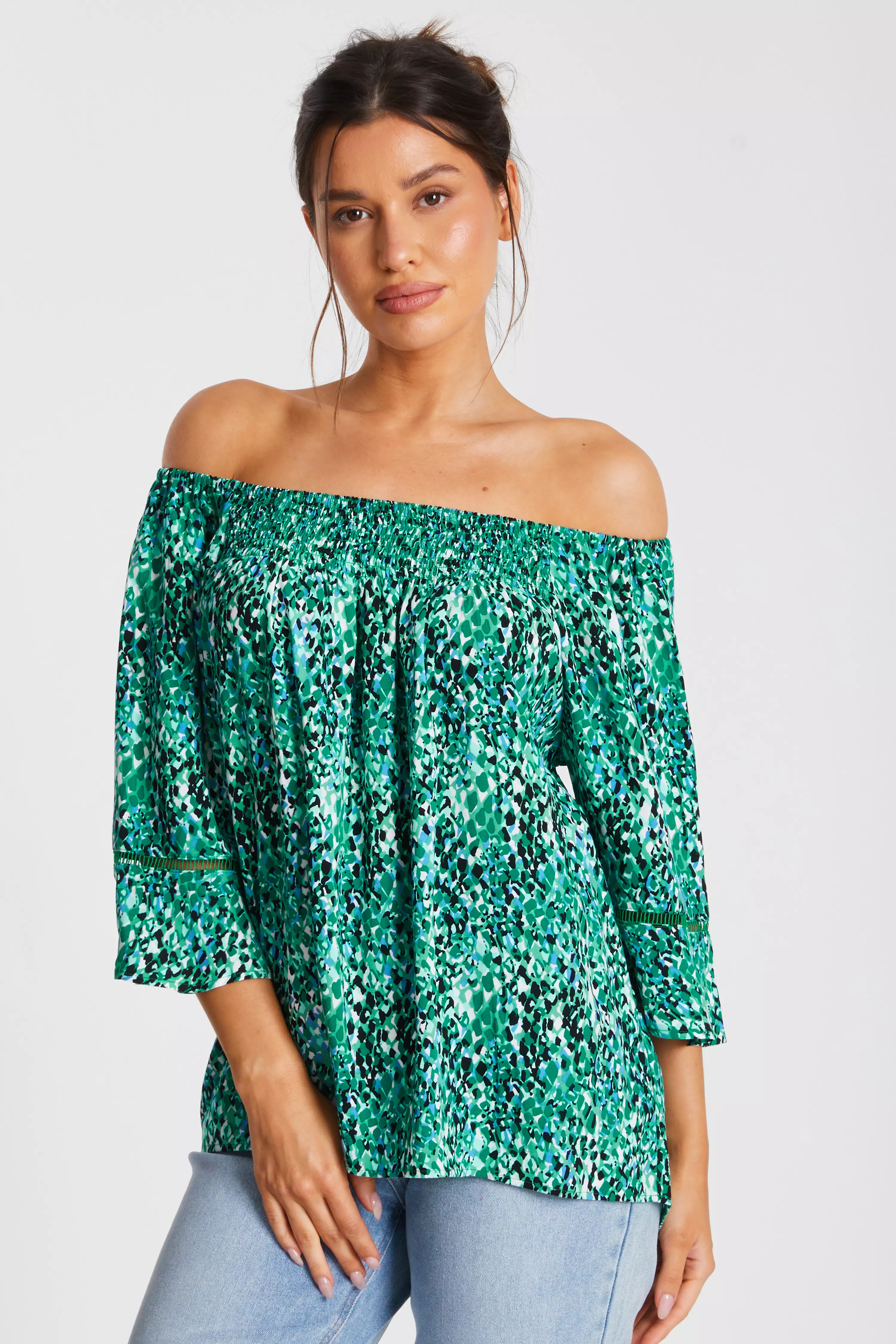 Green Leopard Print Bardot Top