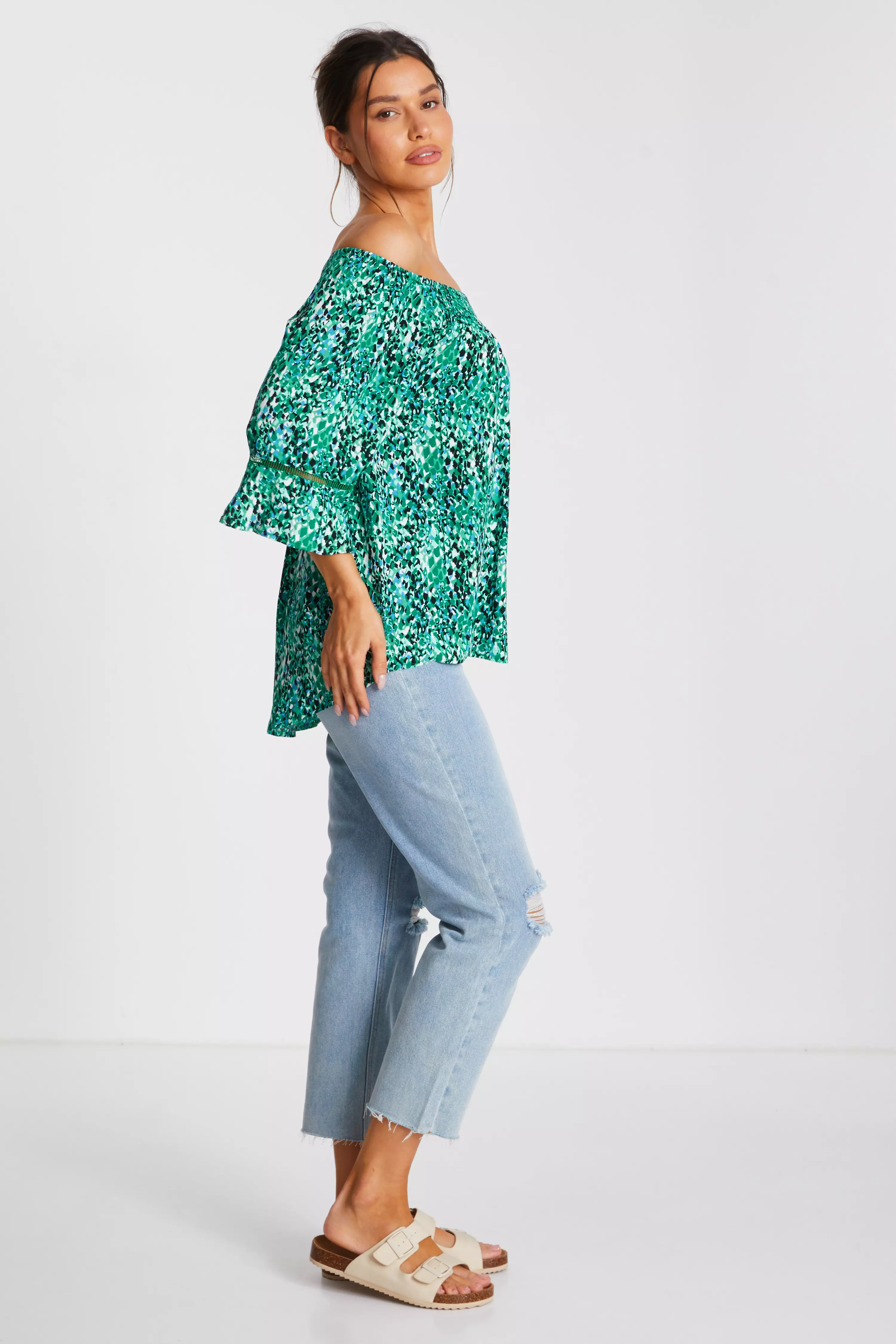 Green Leopard Print Bardot Top