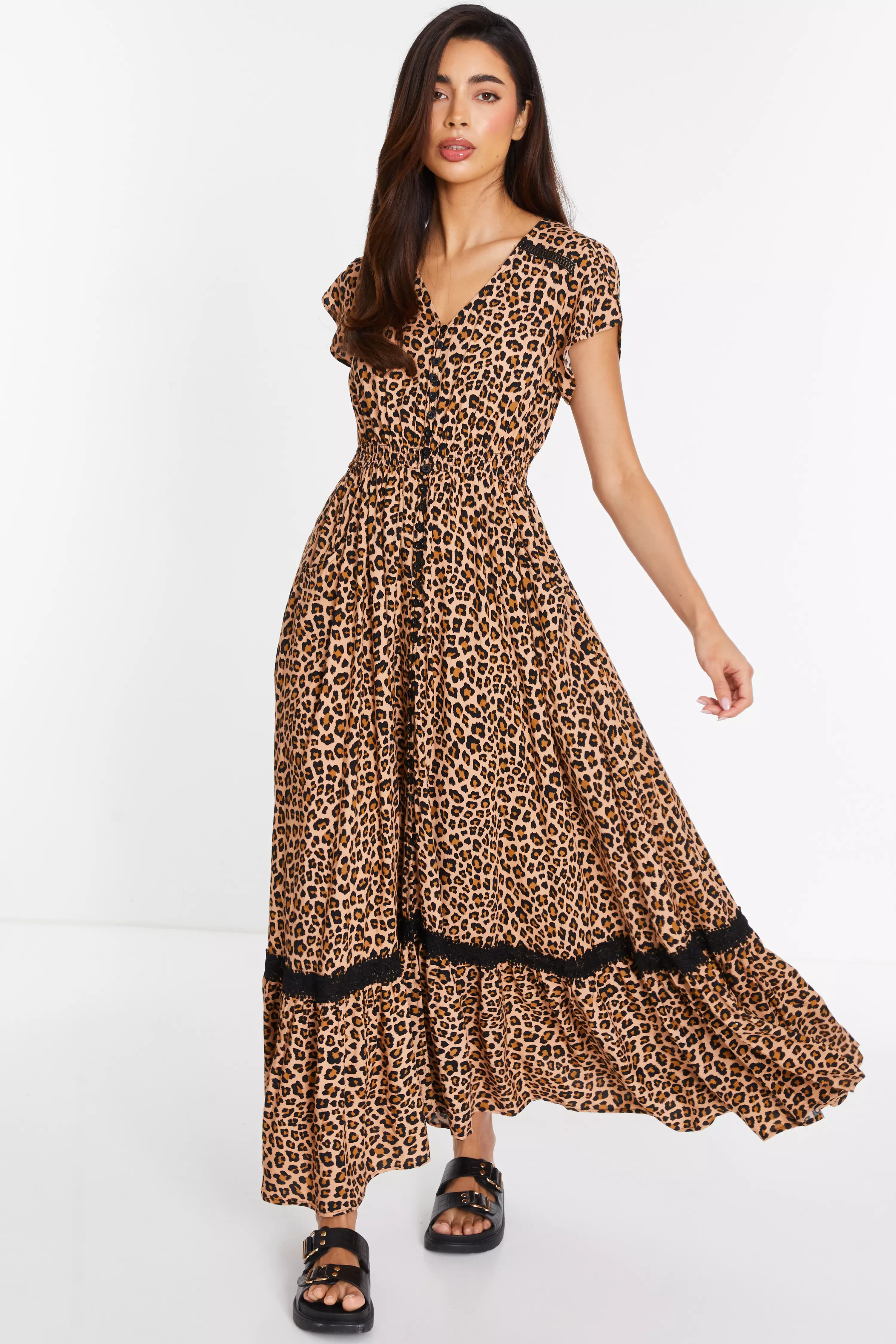 Leopard Print Crochet Trim Maxi Dress