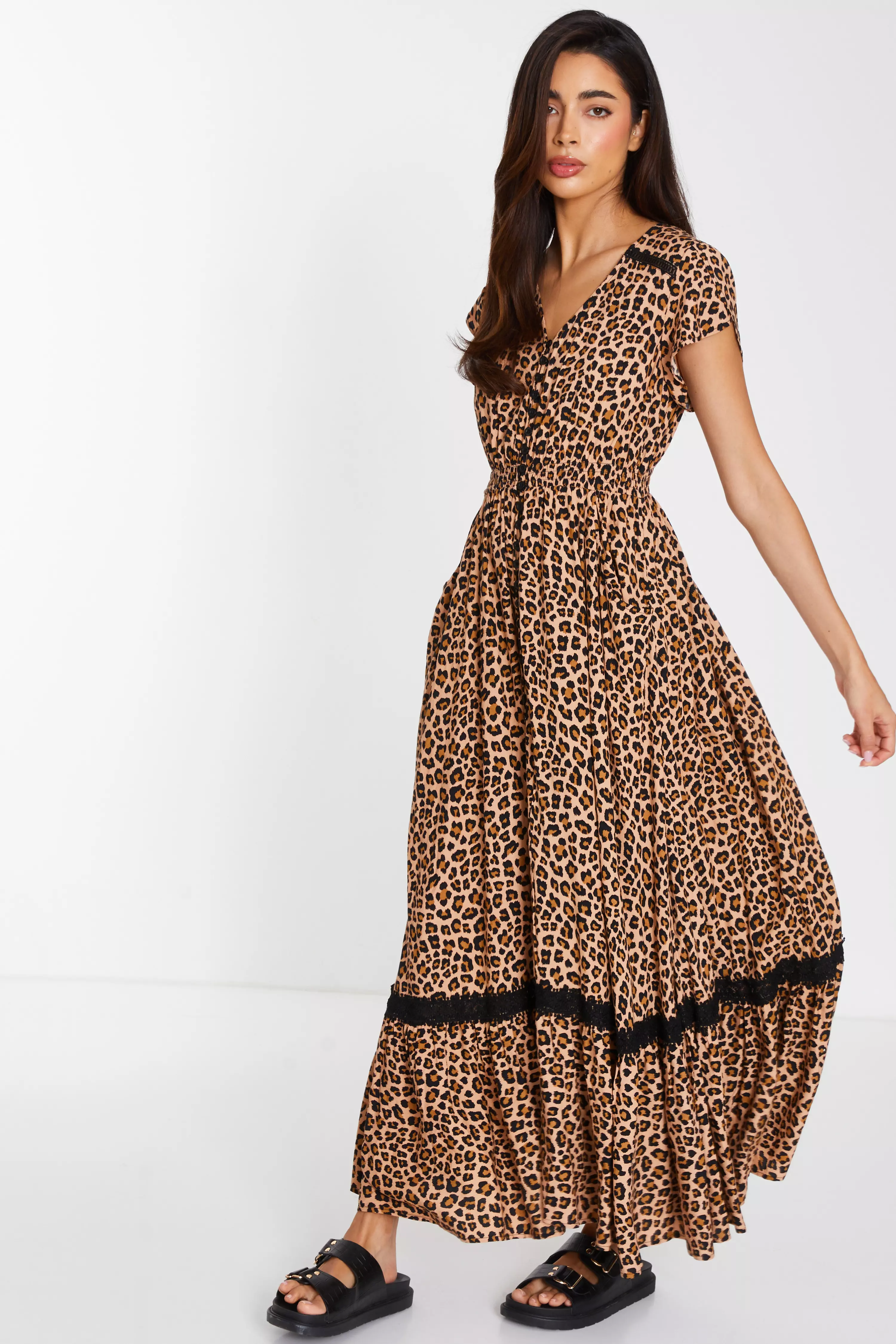 Leopard Print Crochet Trim Maxi Dress