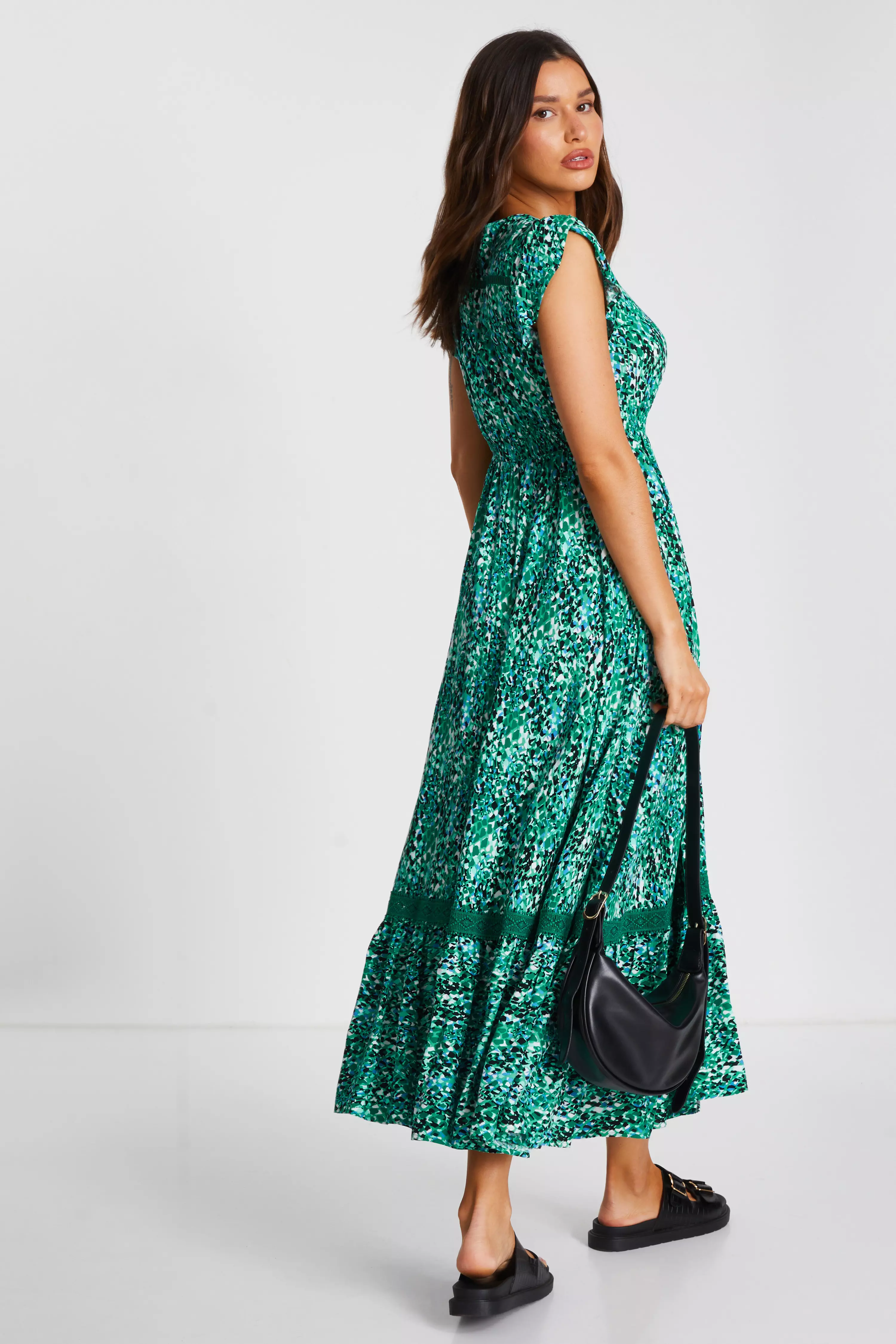 Green Leopard Print Crochet Trim Maxi Dress