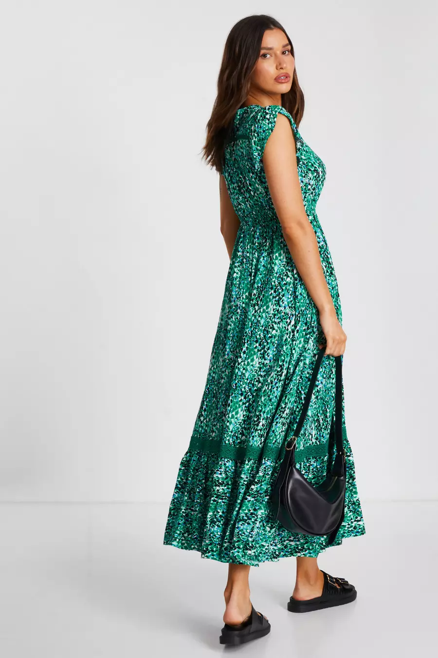 Green Leopard Print Crochet Trim Maxi Dress QUIZ Clothing