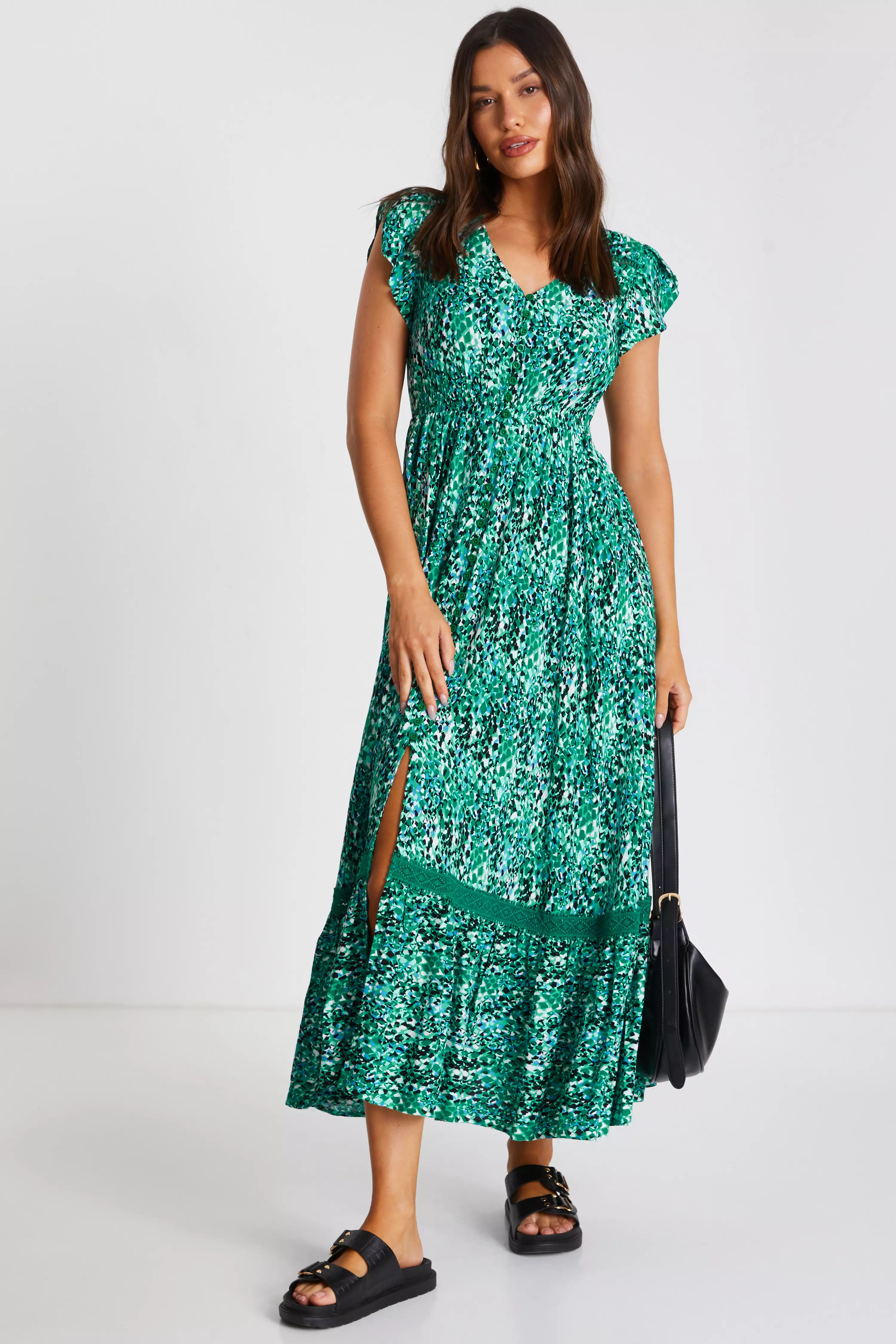 Green Leopard Print Crochet Trim Maxi Dress