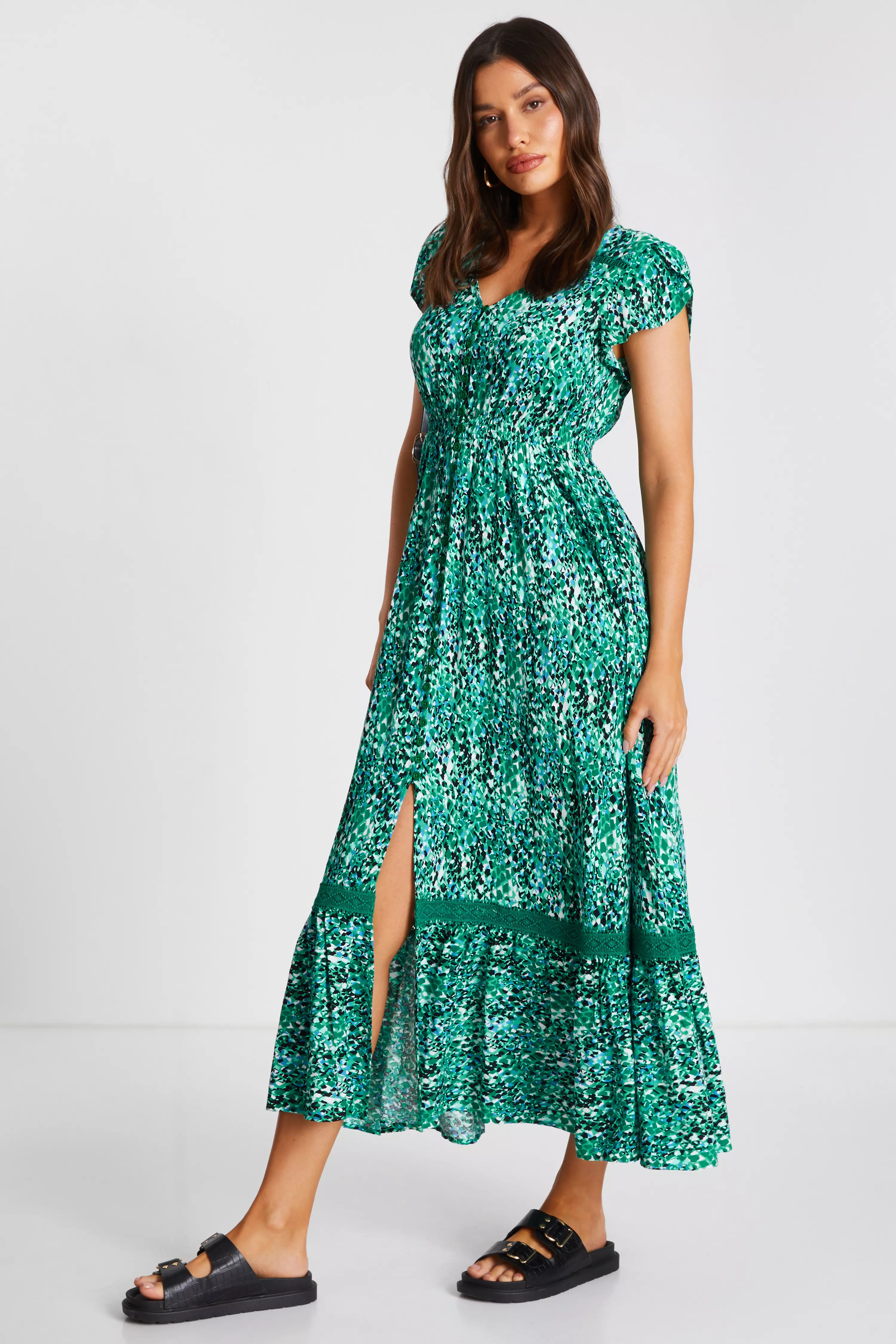 Green Leopard Print Crochet Trim Maxi Dress