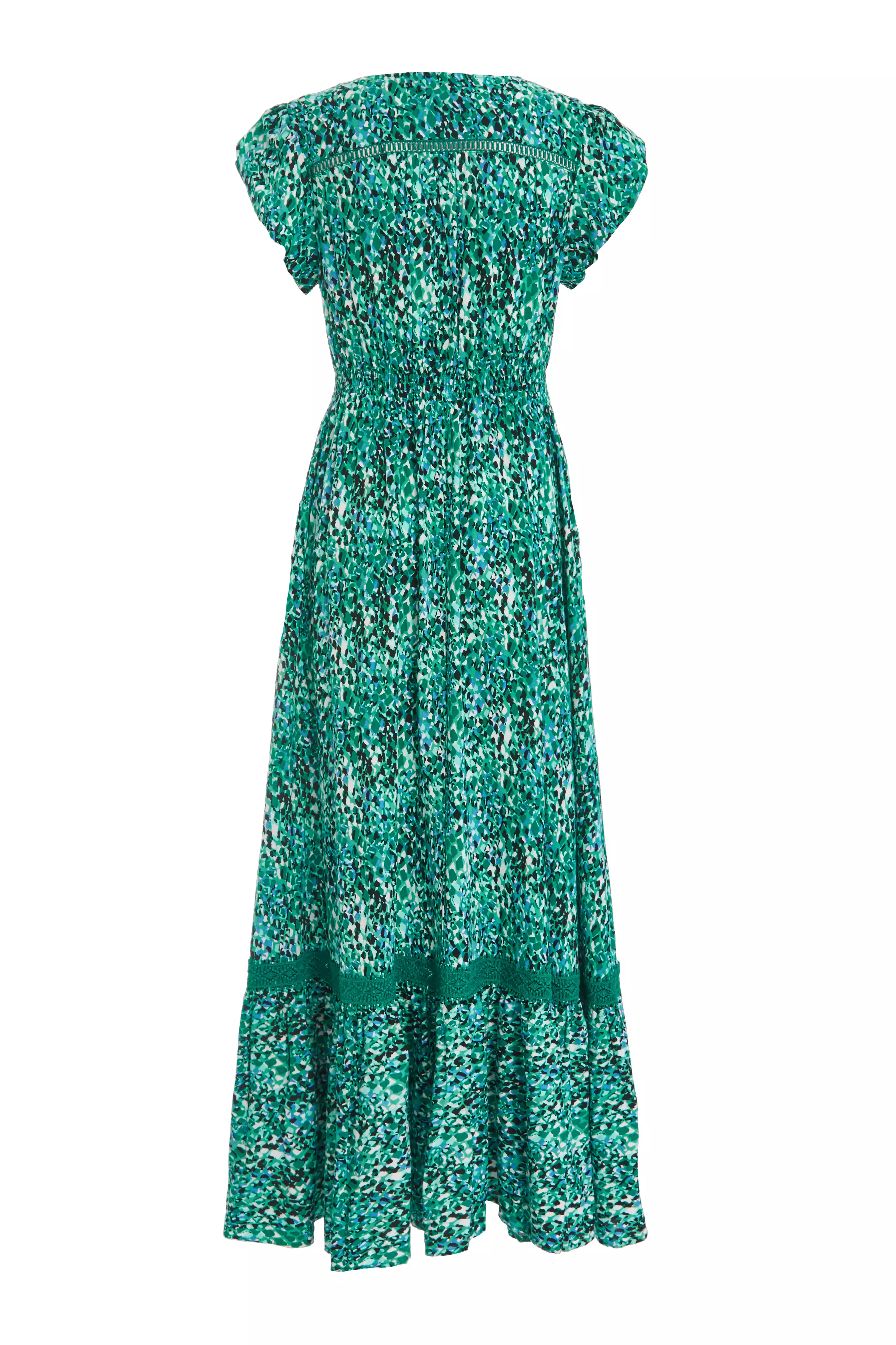 Green Leopard Print Crochet Trim Maxi Dress