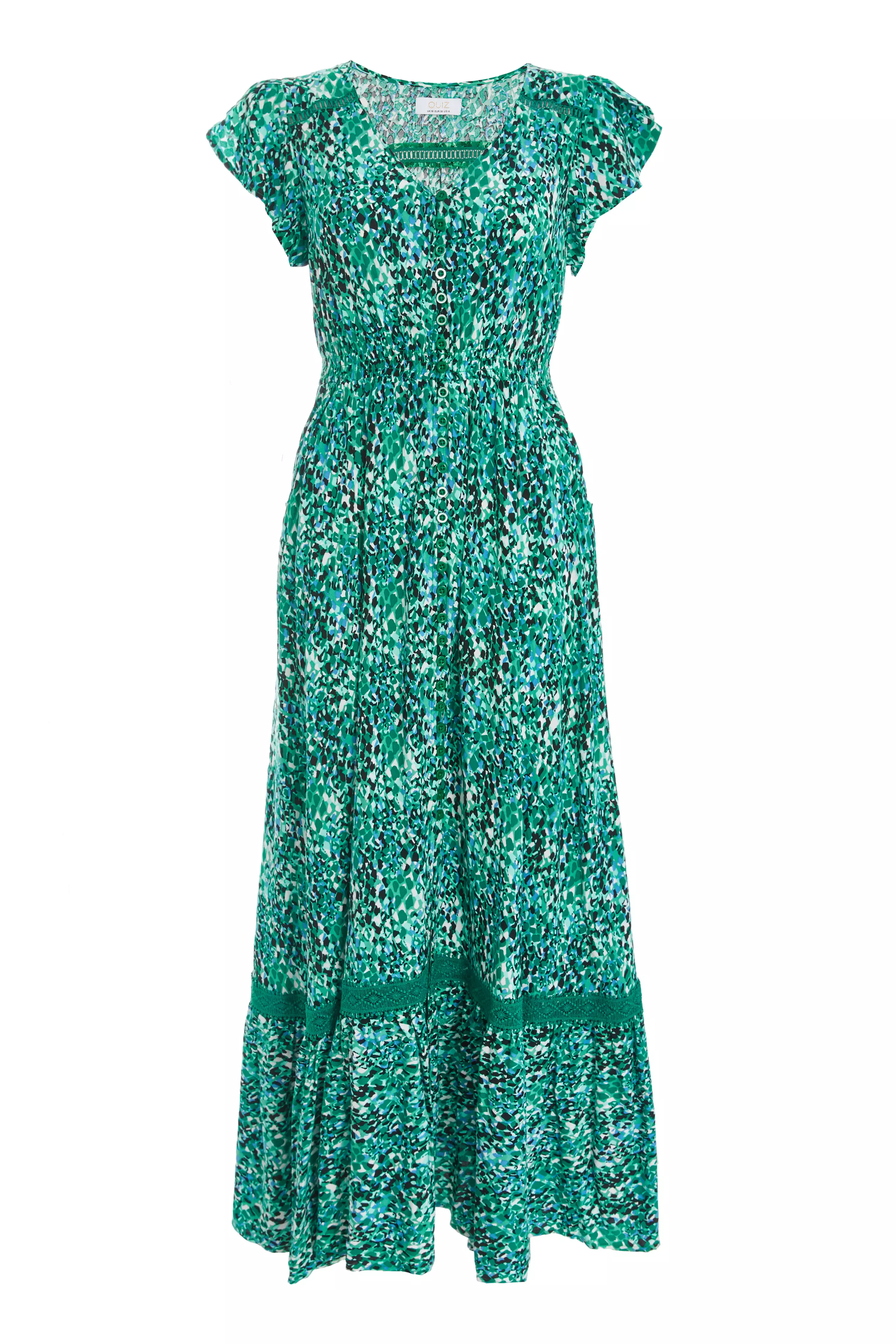 Green Leopard Print Crochet Trim Maxi Dress