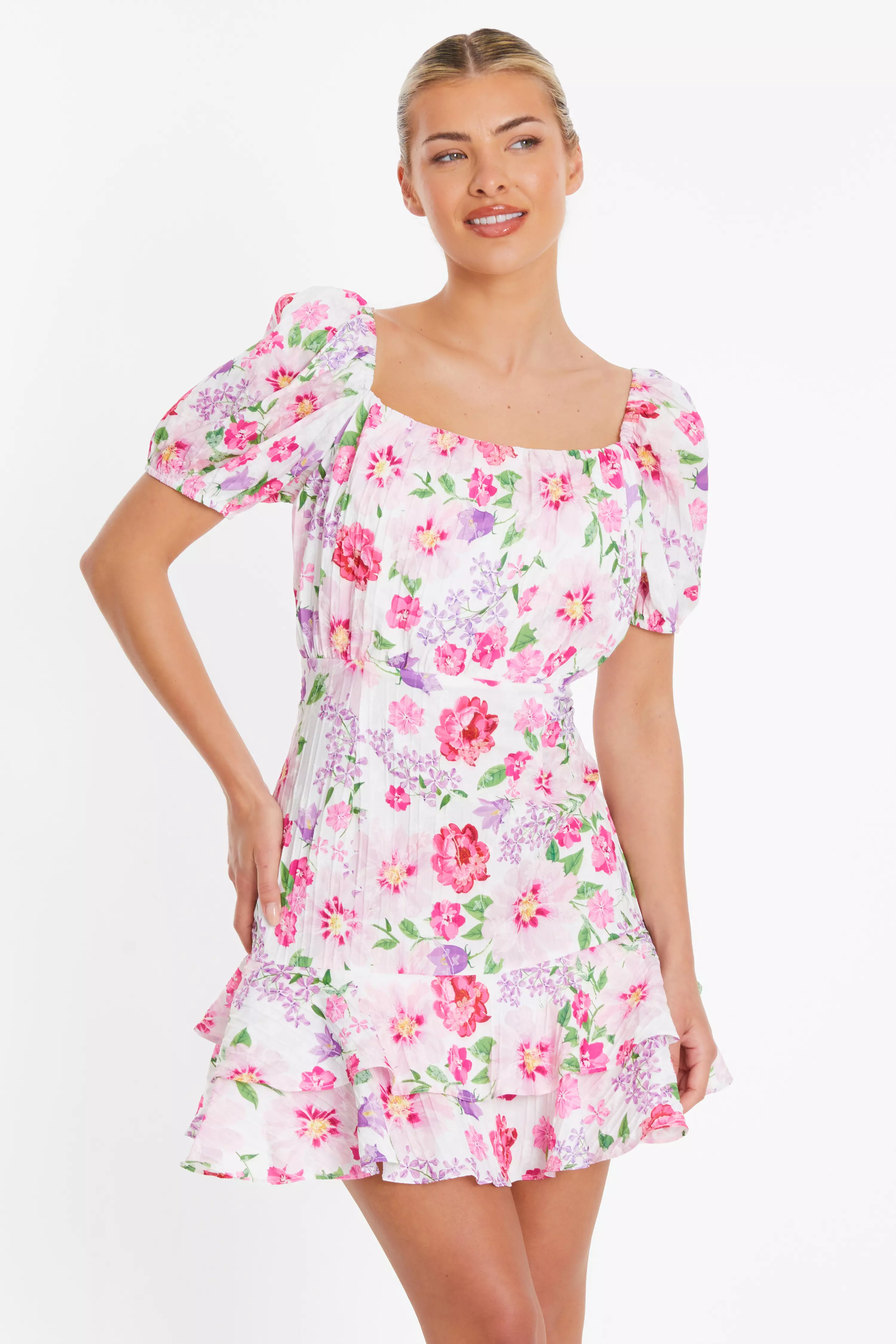 White Floral Woven Puff Sleeve Dress