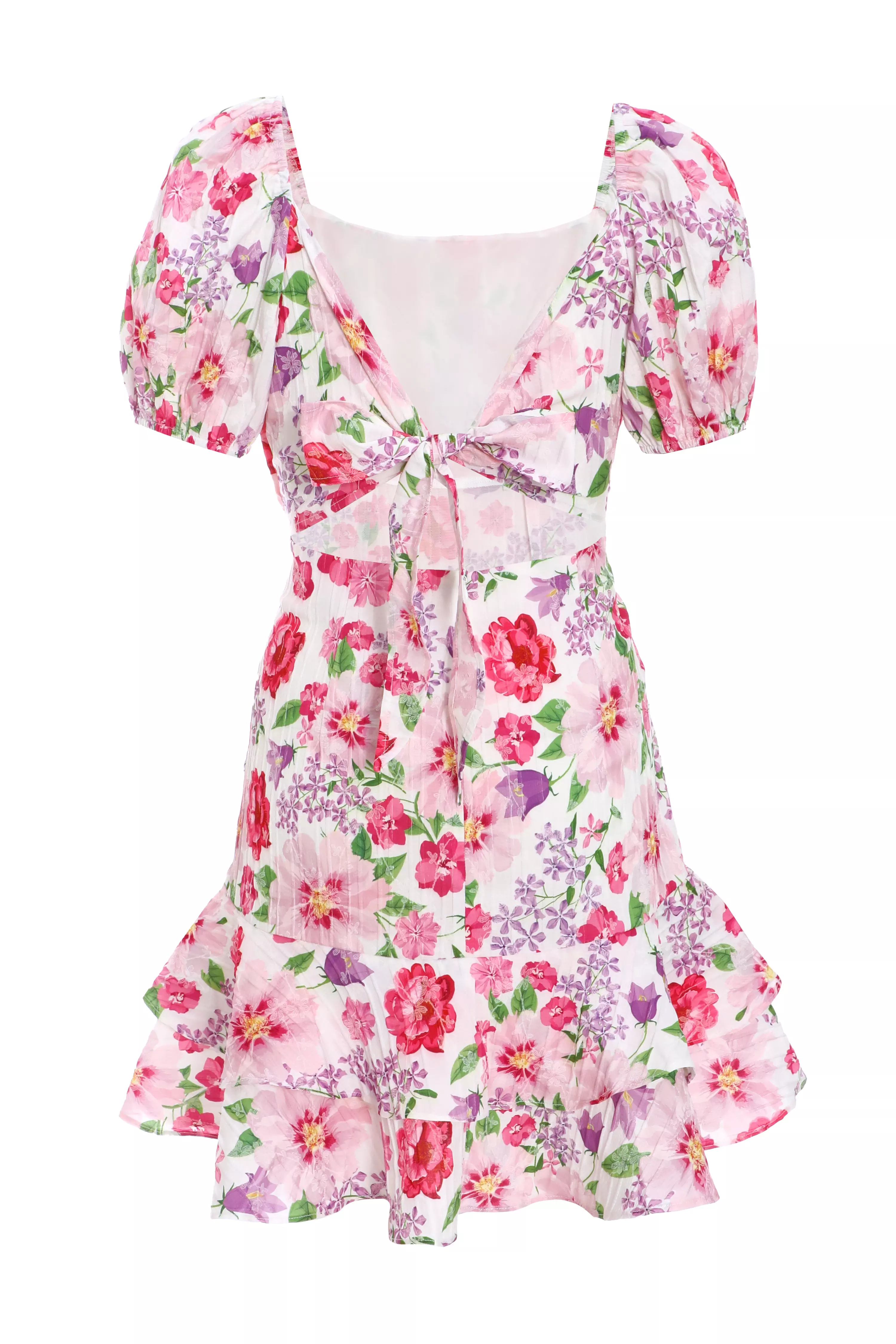 White Floral Puff Sleeve Dress