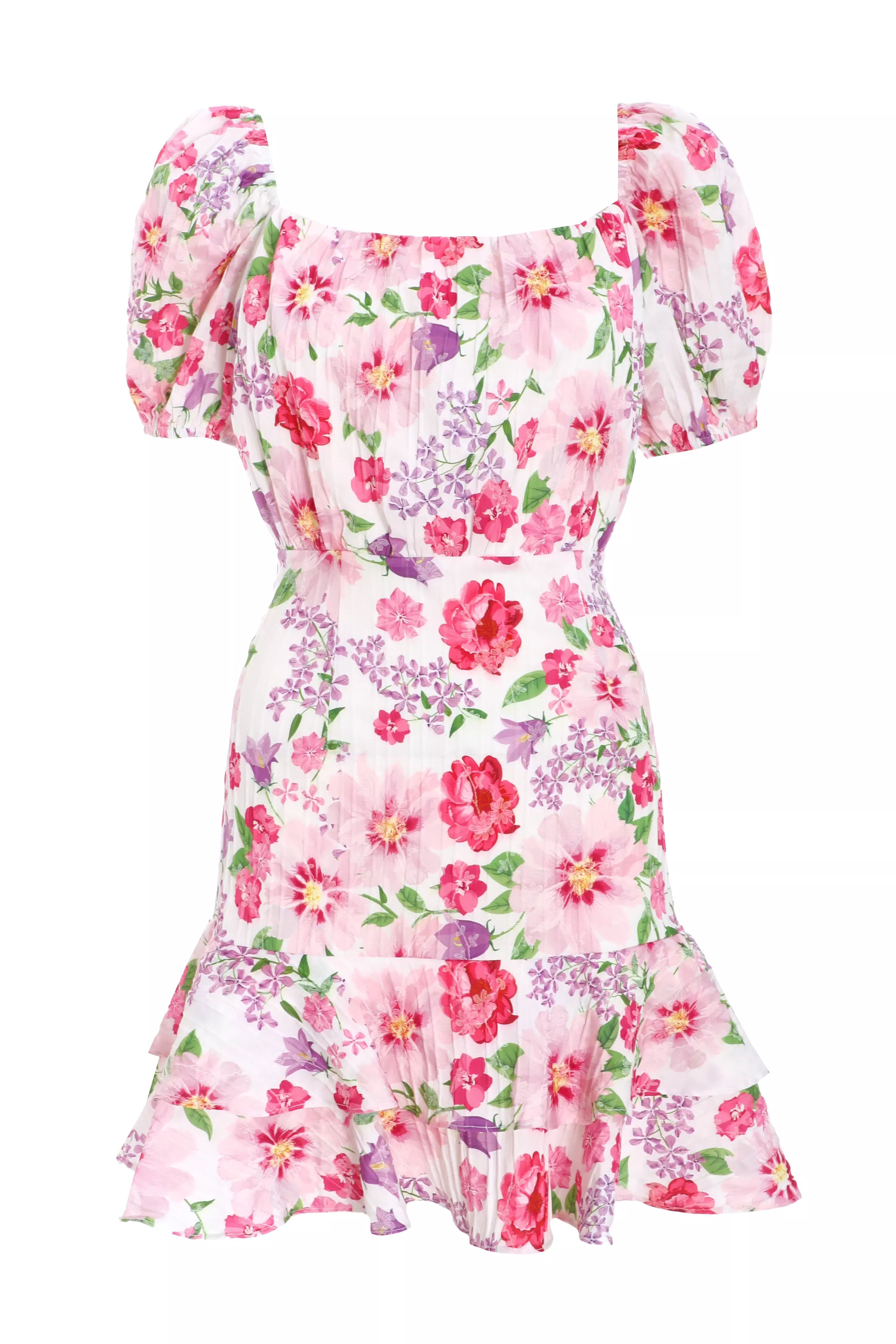 White Floral Woven Puff Sleeve Dress